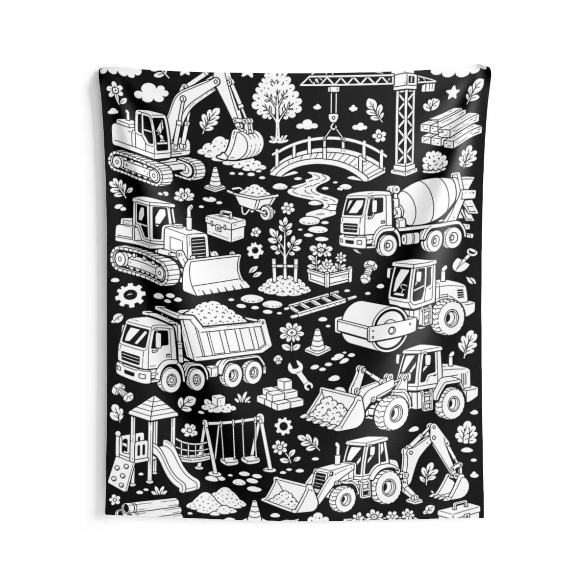 Construction Site Machines Indoor Wall Tapestry kit shown in a lifestyle mockup - 68" × 80"