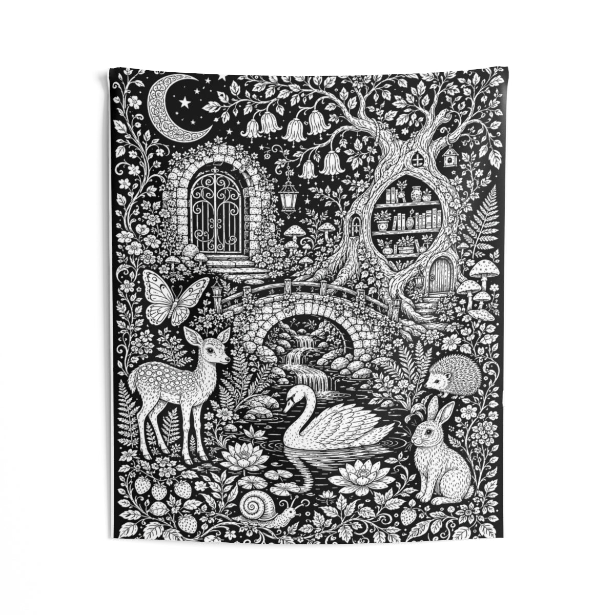 Moonlit Woodland Pond Indoor Wall Tapestry kit shown in a lifestyle mockup - 50" × 60"