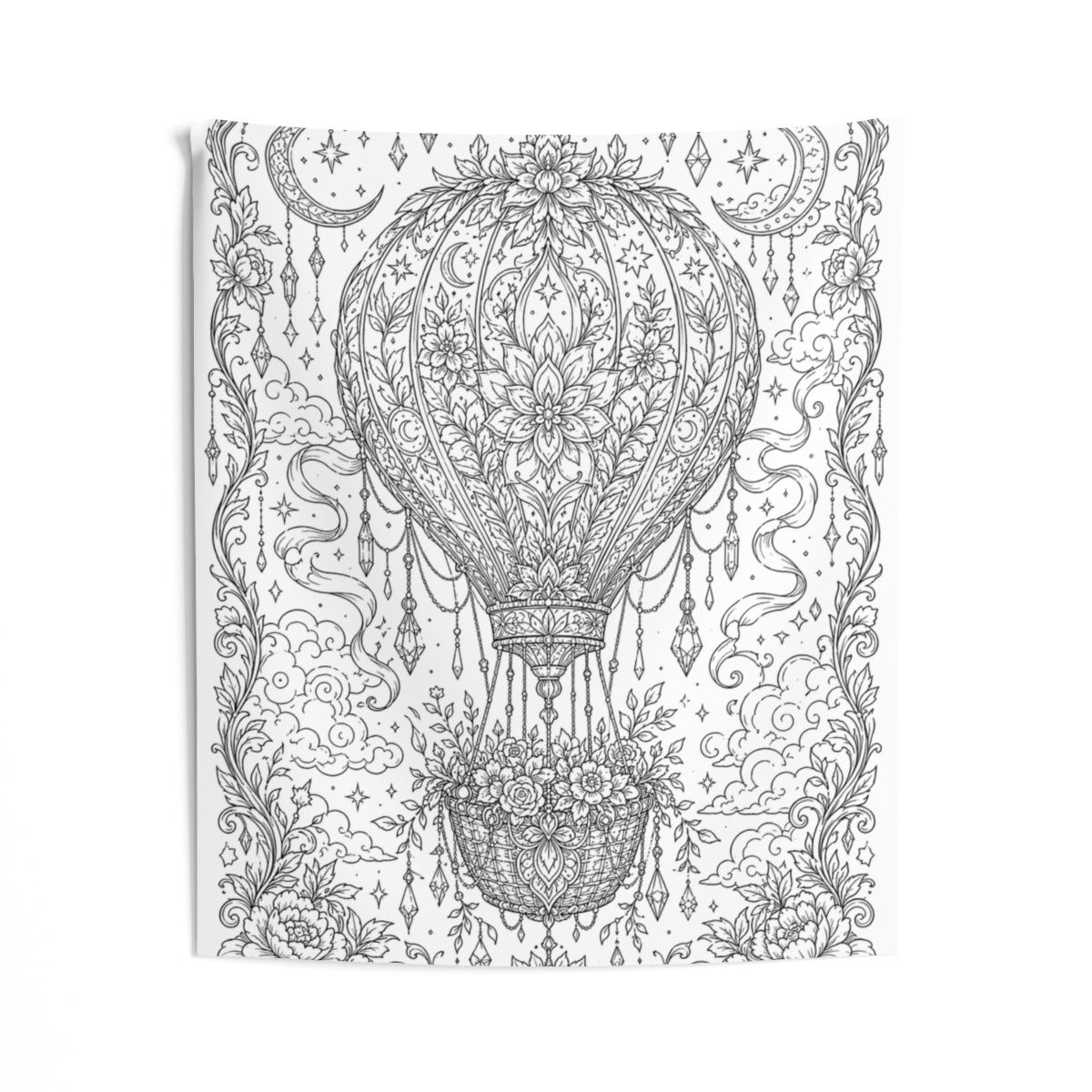 Celestial Hot Air Balloon Indoor Wall Tapestry kit shown in a lifestyle mockup - 50" × 60"