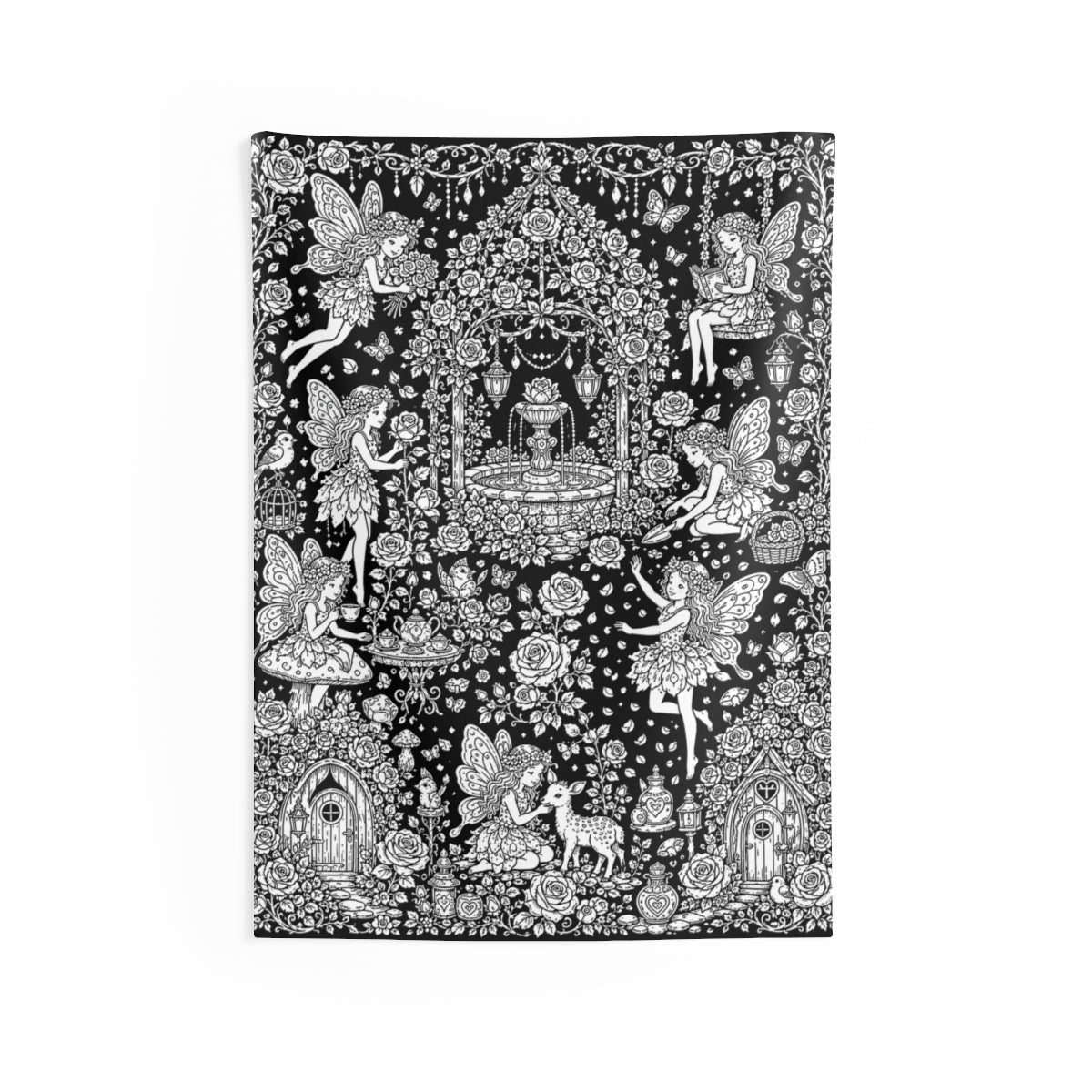 Fairy Rose Garden Indoor Wall Tapestry kit shown in a lifestyle mockup - 26" × 36"