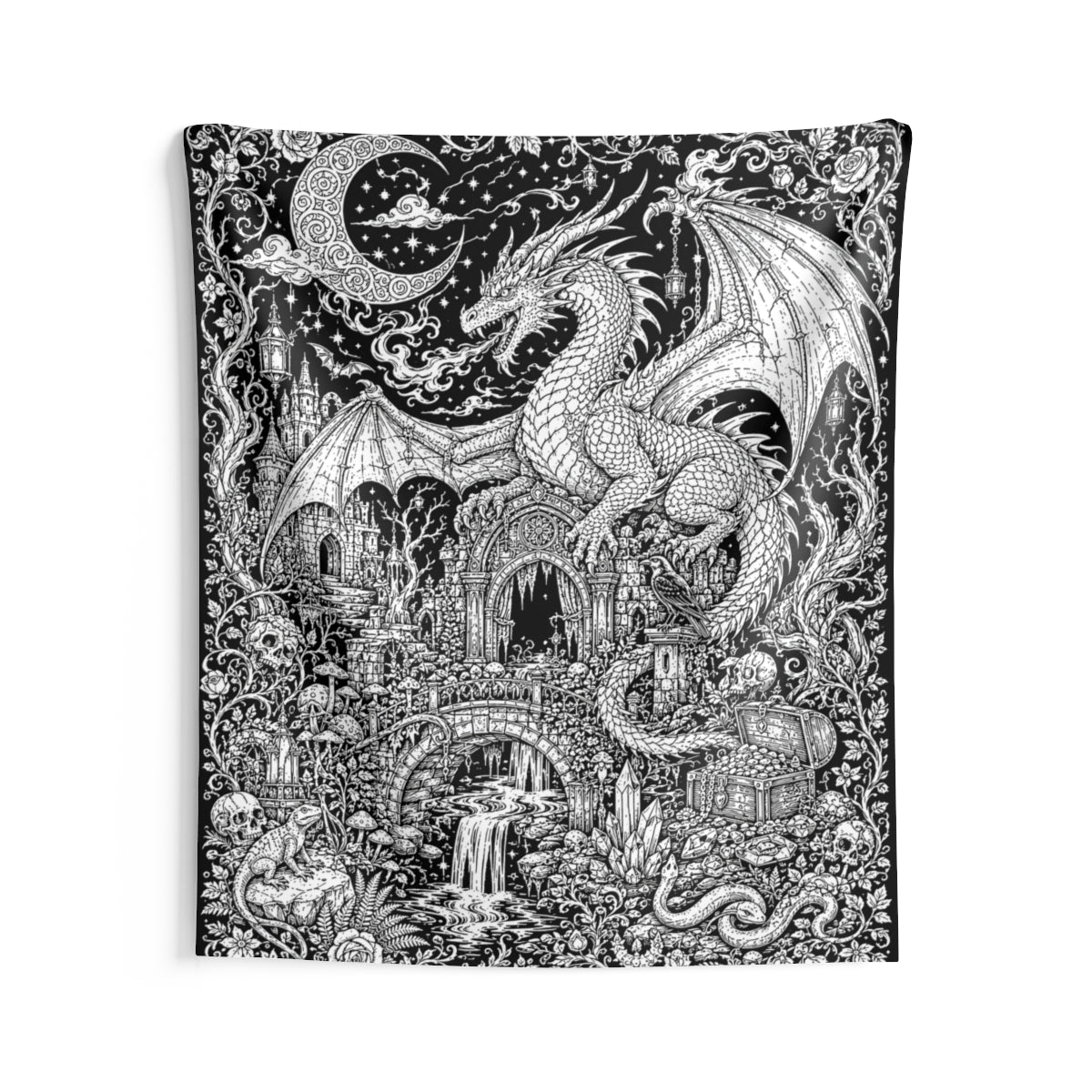 Dragon Castle Treasure Indoor Wall Tapestry kit shown in a lifestyle mockup - 68" × 80"