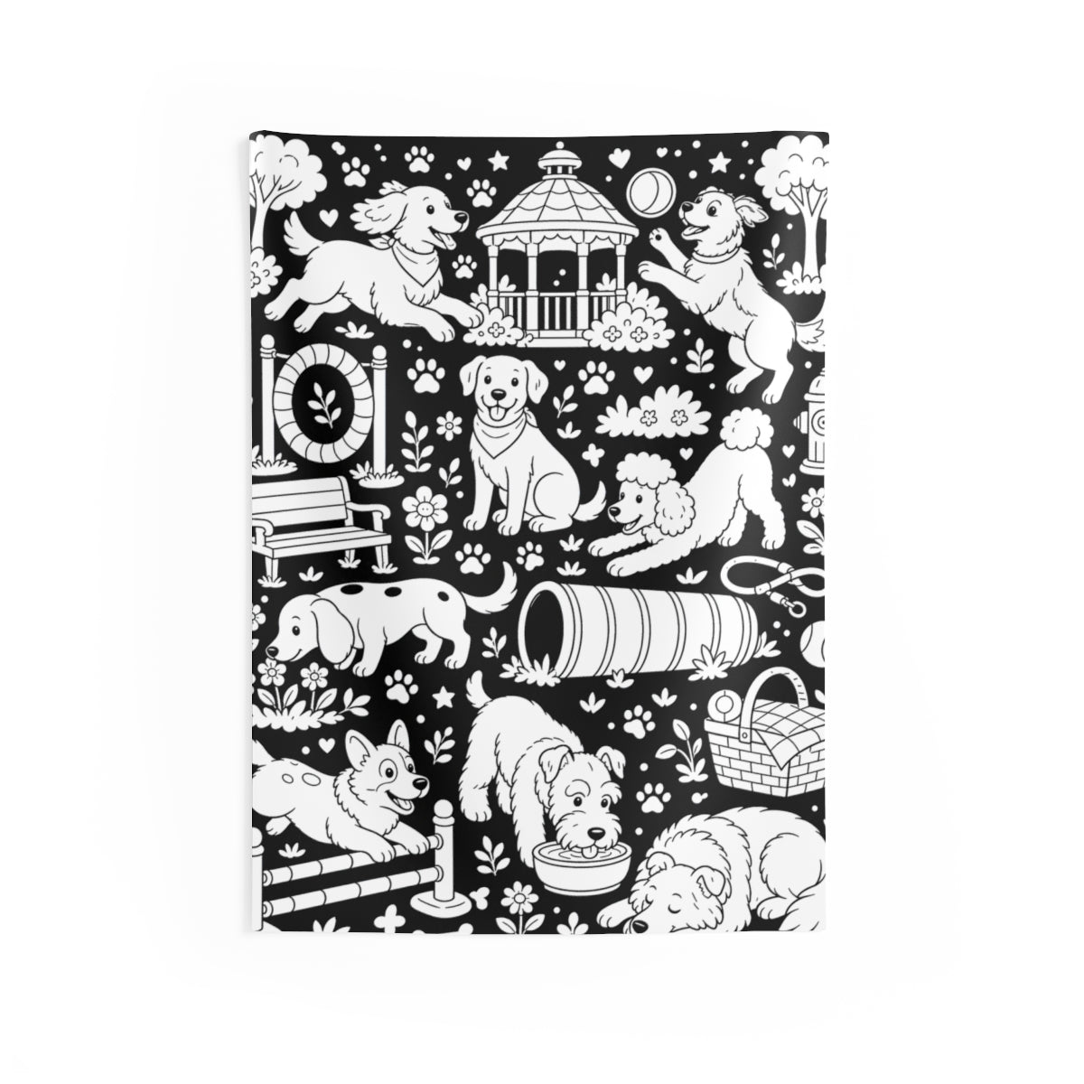 Dog Park Puppies Indoor Wall Tapestry kit shown in a lifestyle mockup - 26" × 36"