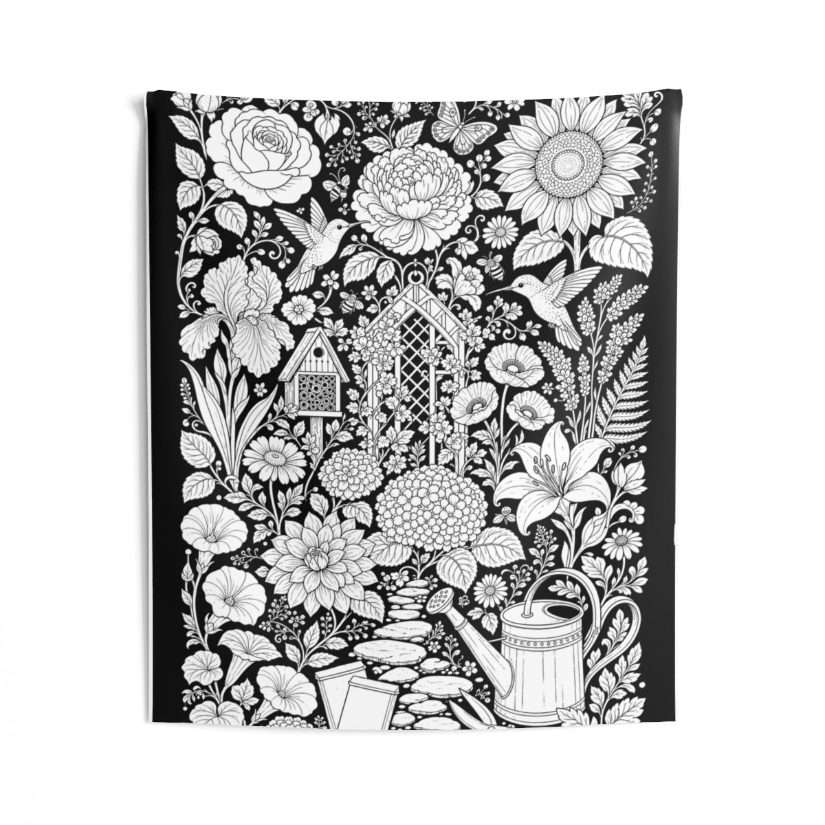 Hummingbird Flower Garden Indoor Wall Tapestry kit shown in a lifestyle mockup - 50" × 60"