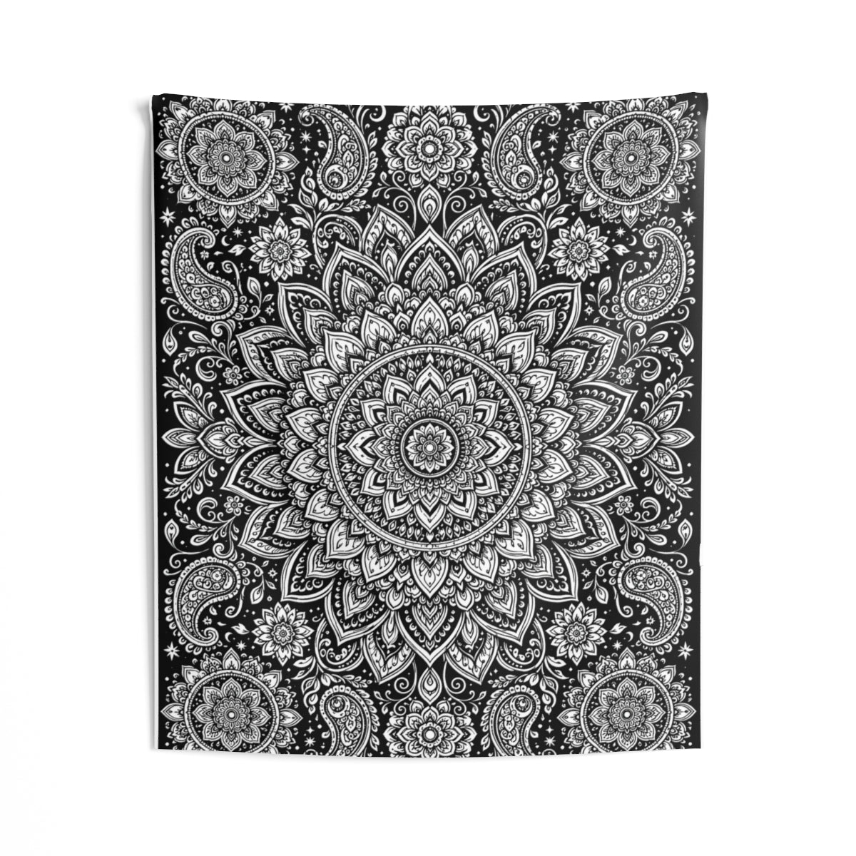 Paisley Flower Mandala Indoor Wall Tapestry kit shown in a lifestyle mockup - 50" × 60"