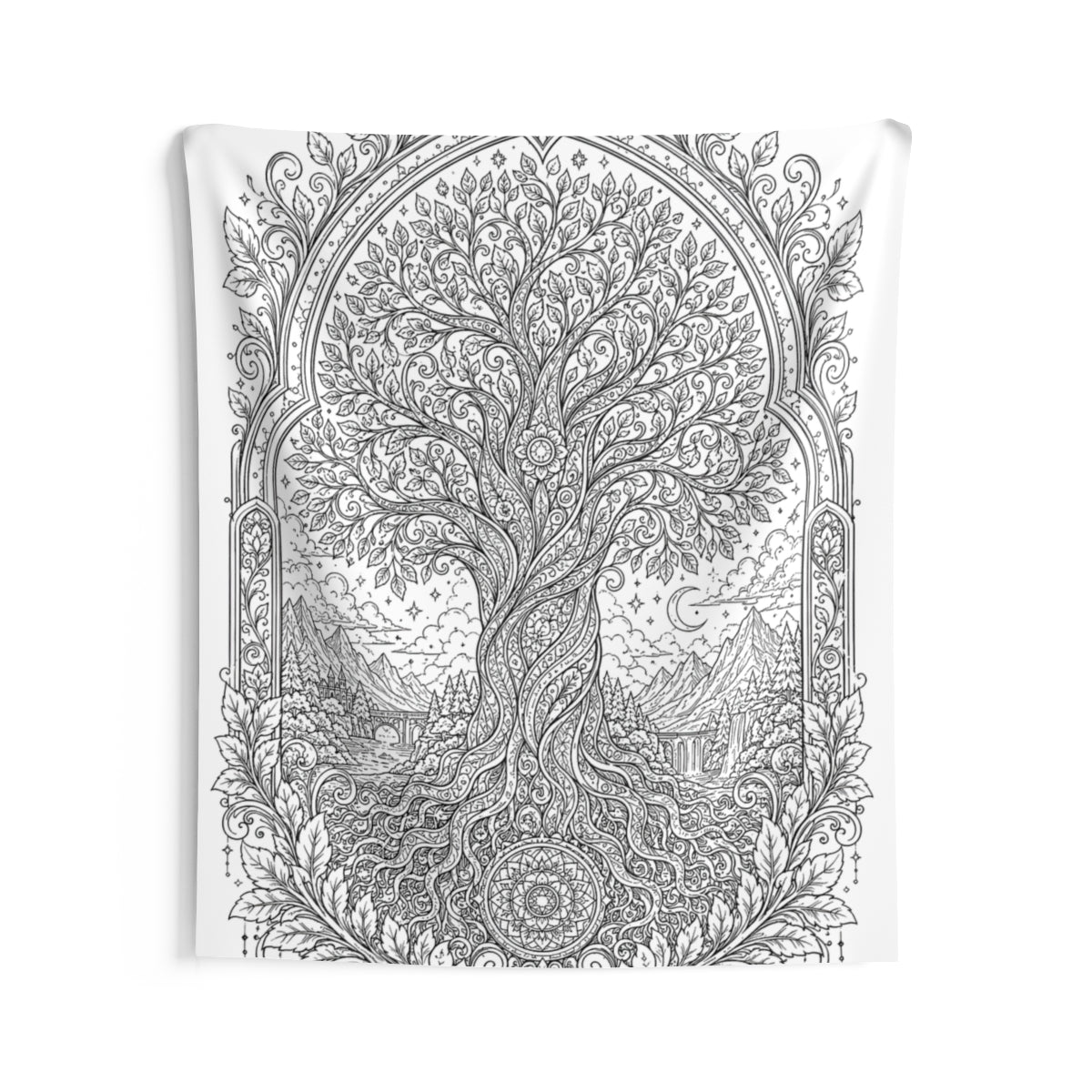 Enchanted Tree of Life Indoor Wall Tapestry kit shown in a lifestyle mockup - 68" × 80"