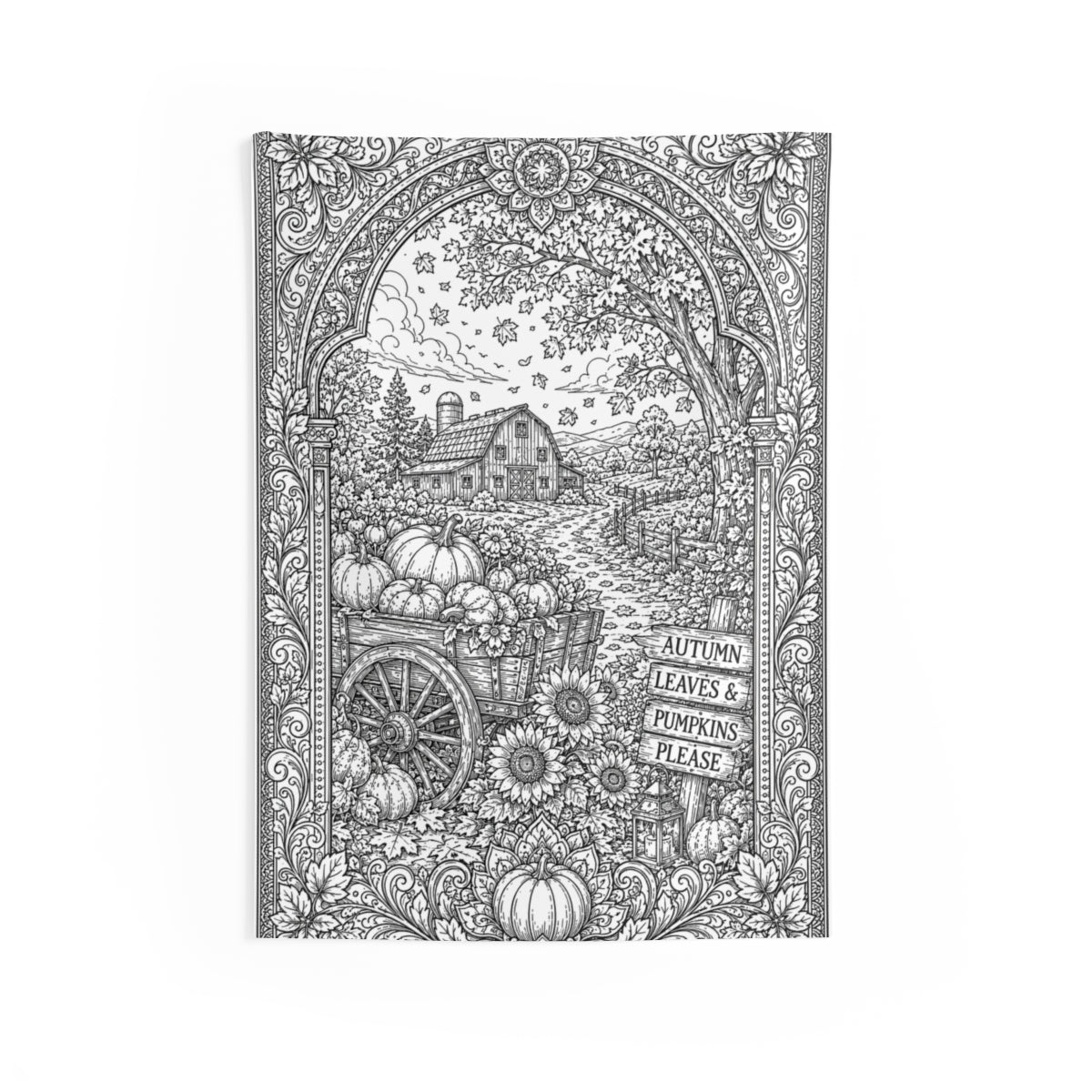 Autumn Harvest Pumpkin Cart Indoor Wall Tapestry kit shown in a lifestyle mockup - 26" × 36"