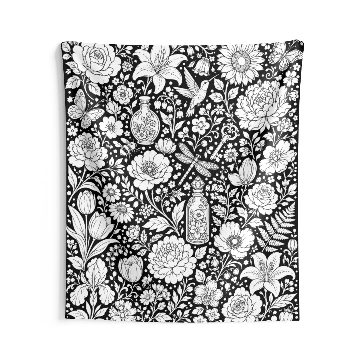 Botanical Garden Indoor Wall Tapestry kit shown in a lifestyle mockup - 68" × 80"