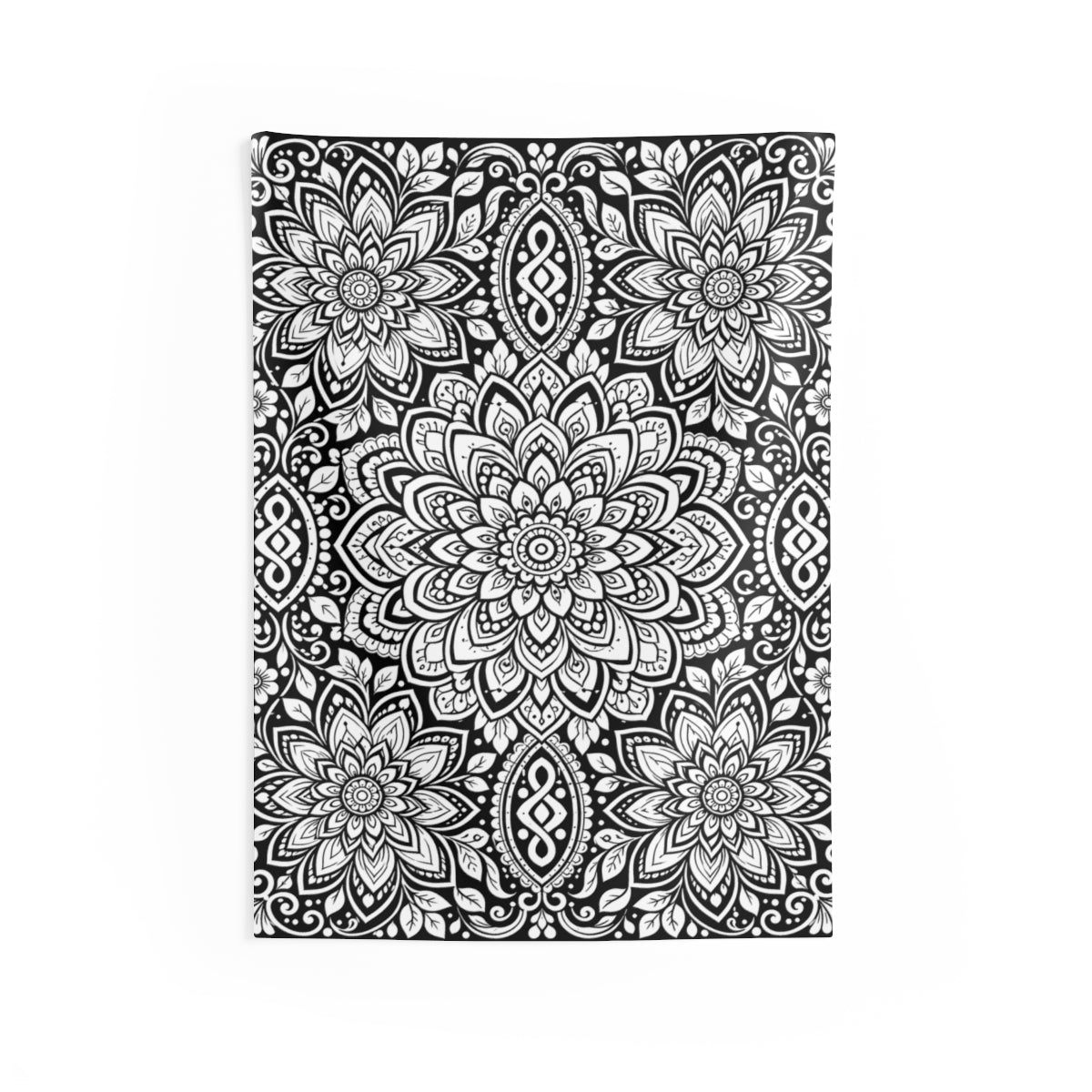 Lotus Bloom Mandala Indoor Wall Tapestry kit shown in a lifestyle mockup - 26" × 36"