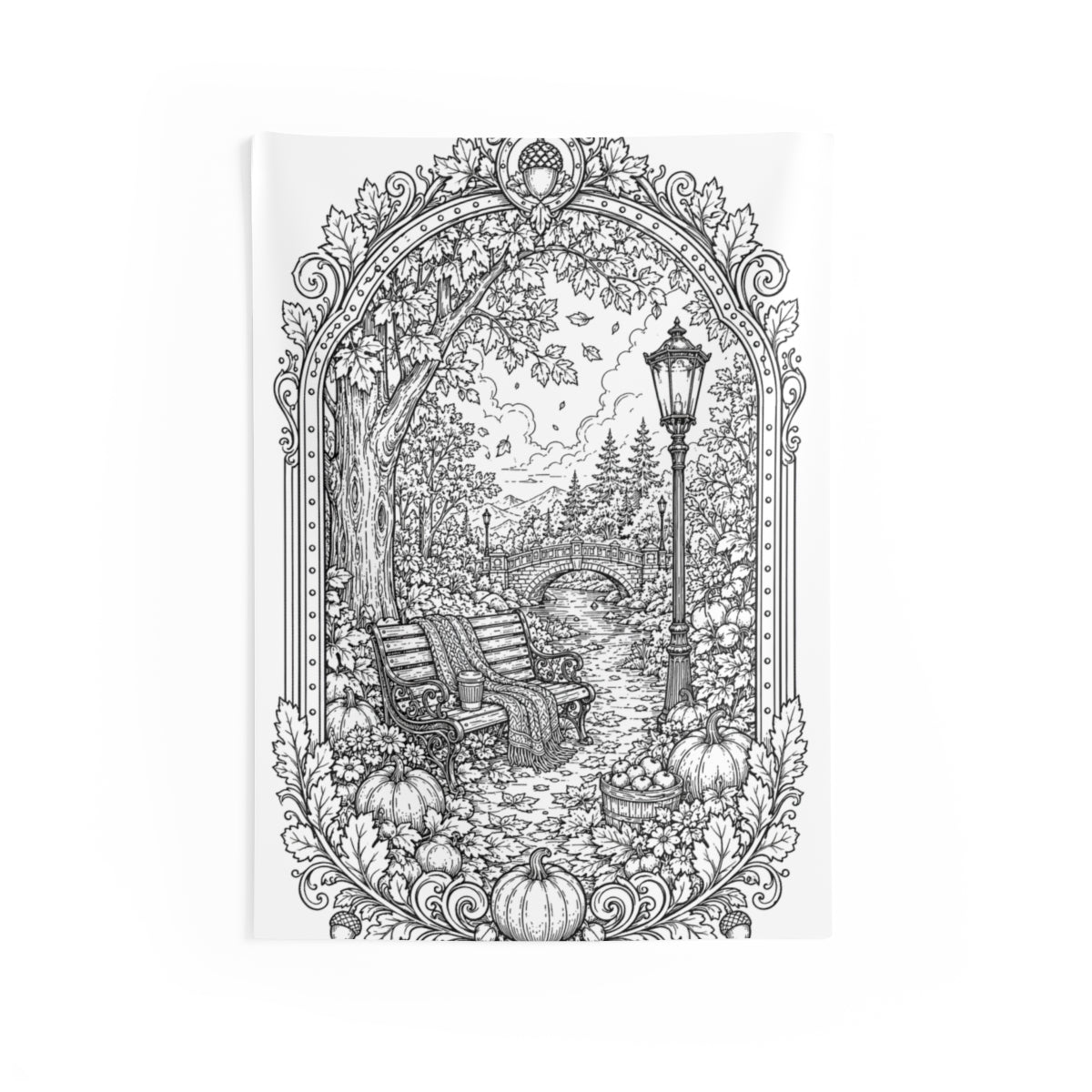Autumn Park Bench Indoor Wall Tapestry kit shown in a lifestyle mockup - 26" × 36"