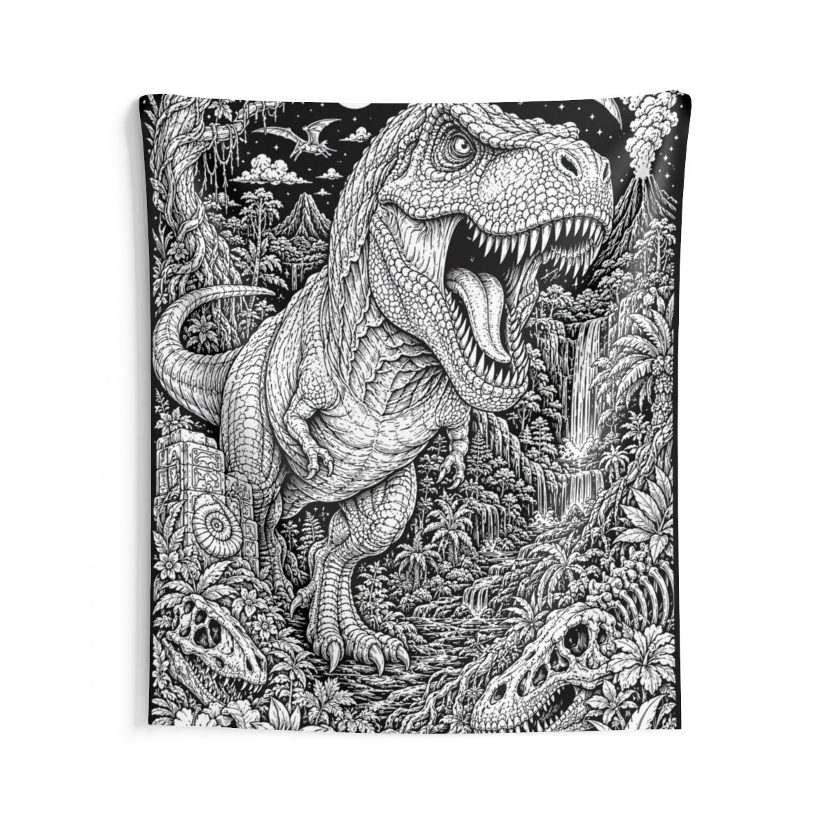 T Rex Rainforest Indoor Wall Tapestry kit shown in a lifestyle mockup - 68" × 80"