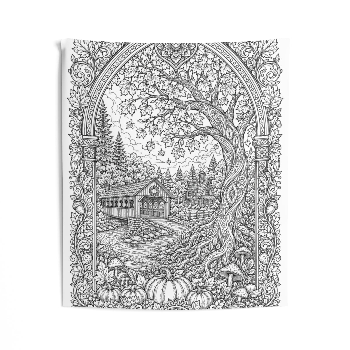 Autumn Covered Bridge Indoor Wall Tapestry kit shown in a lifestyle mockup - 50" × 60"