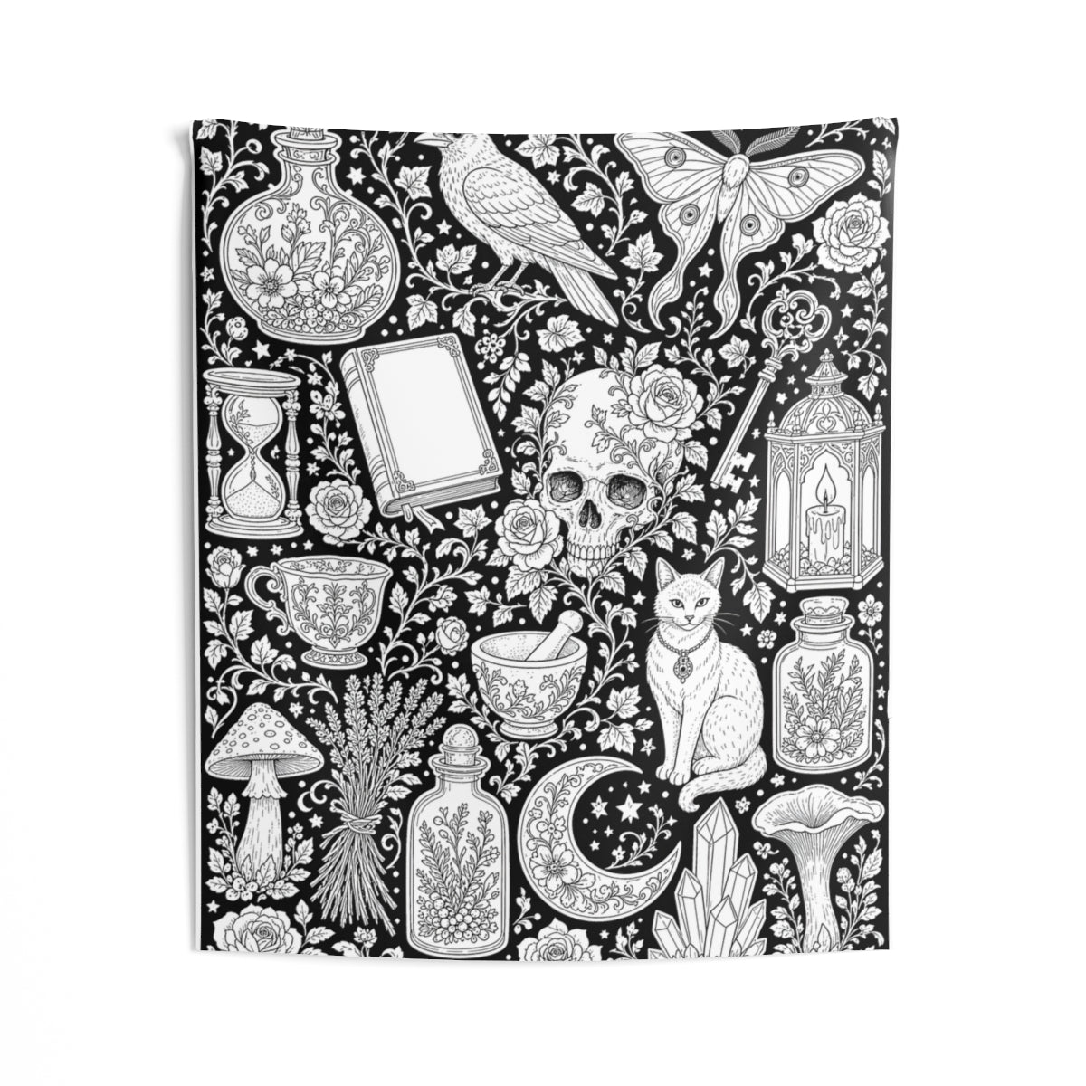 Gothic Apothecary Indoor Wall Tapestry kit shown in a lifestyle mockup - 50" × 60"