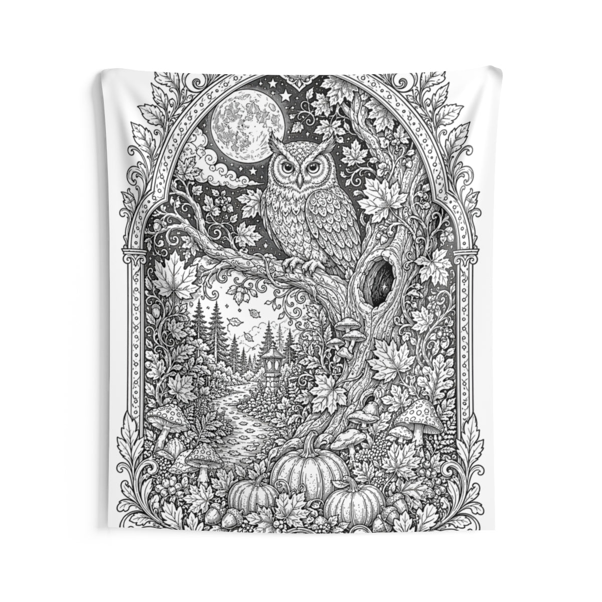 Autumn Moonlit Owl Indoor Wall Tapestry kit shown in a lifestyle mockup - 68" × 80"
