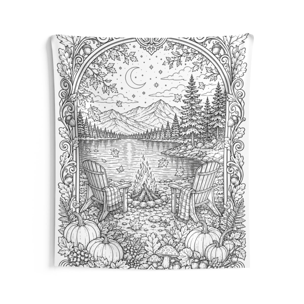Autumn Lakeside Campfire Indoor Wall Tapestry kit shown in a lifestyle mockup - 68" × 80"
