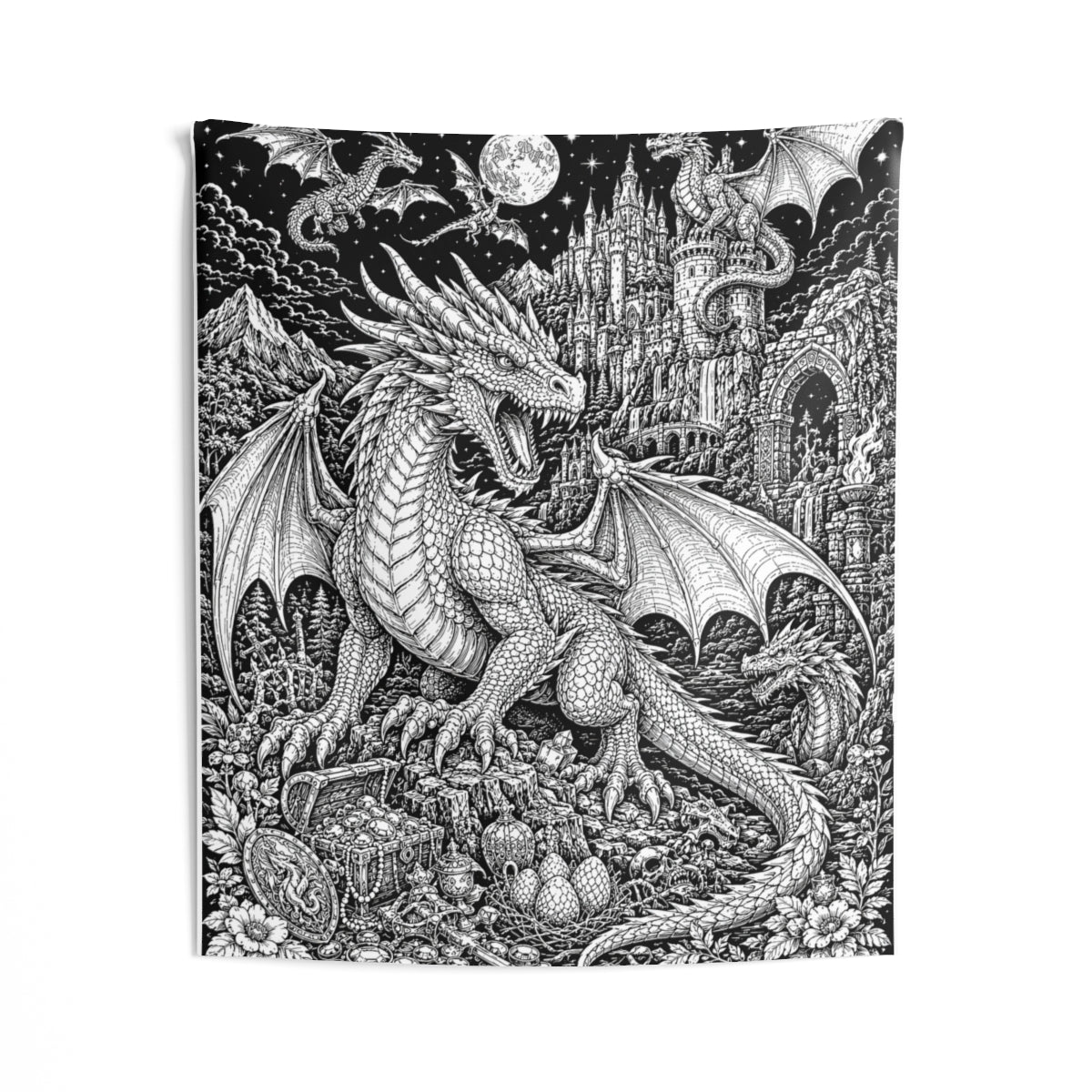 Moonlit Dragon Castle Indoor Wall Tapestry kit shown in a lifestyle mockup - 50" × 60"