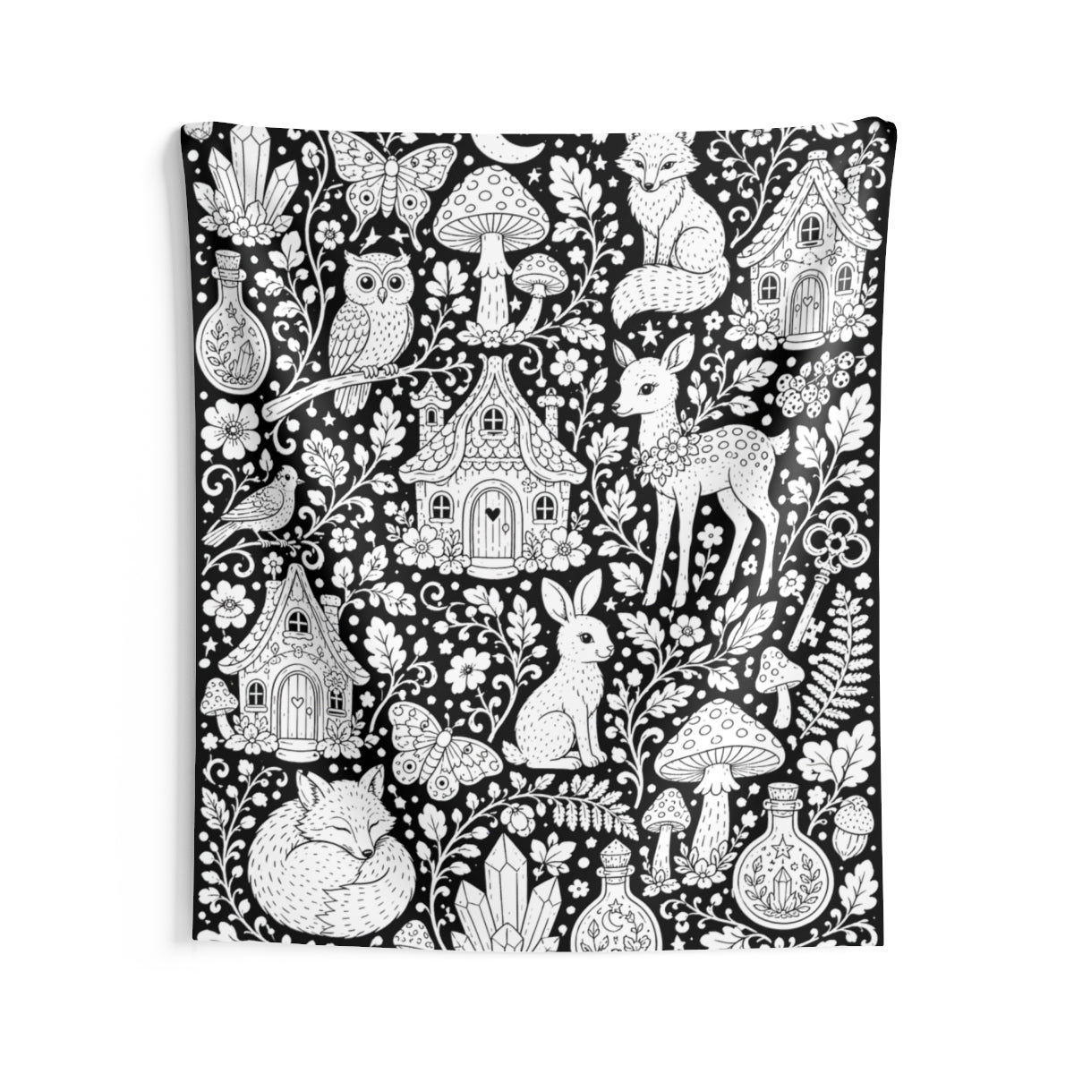 Enchanted Woodland Indoor Wall Tapestry kit shown in a lifestyle mockup - 68" × 80"