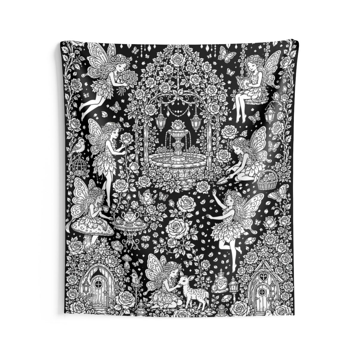 Fairy Rose Garden Indoor Wall Tapestry kit shown in a lifestyle mockup - 68" × 80"