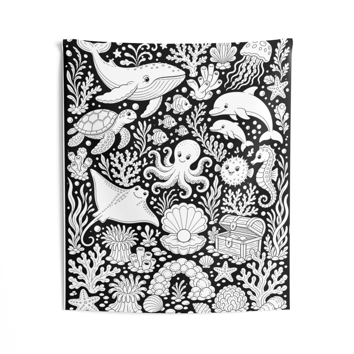 Ocean Reef Friends Indoor Wall Tapestry kit shown in a lifestyle mockup - 50" × 60"