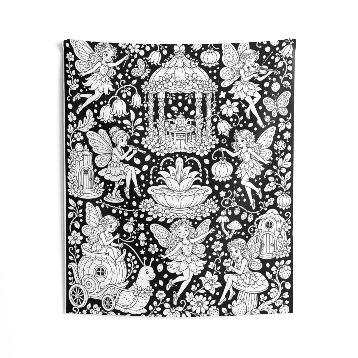 Fairy Garden Festival Indoor Wall Tapestry kit shown in a lifestyle mockup - 50" × 60"