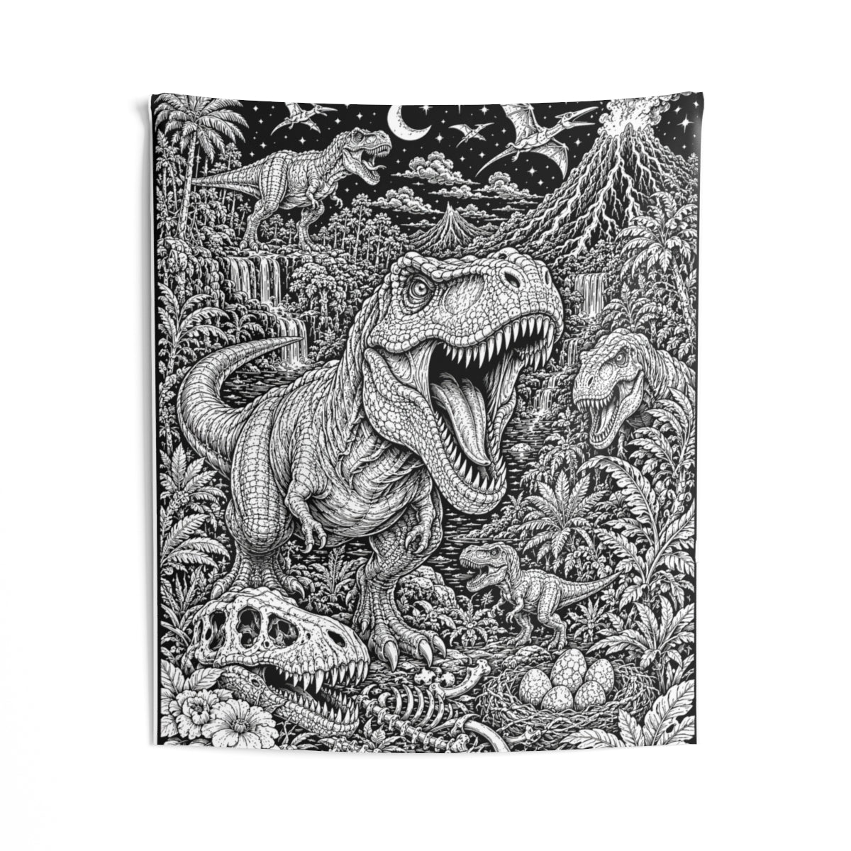 Dinosaur Volcano Valley Indoor Wall Tapestry kit shown in a lifestyle mockup - 50" × 60"