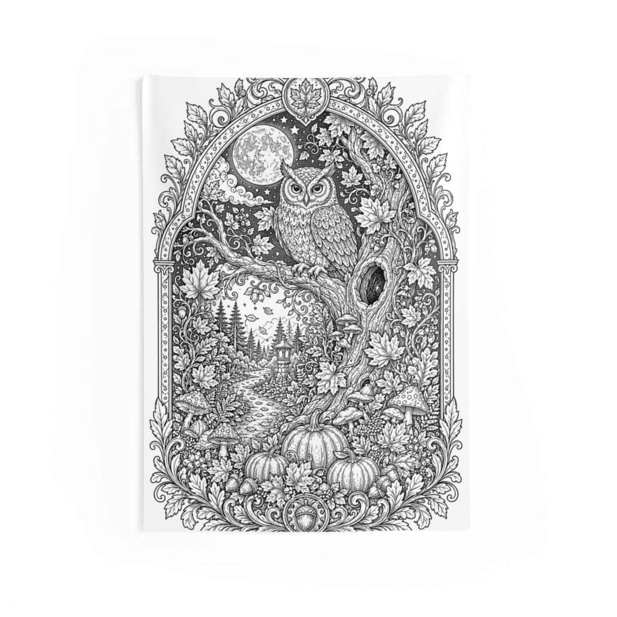 Autumn Moonlit Owl Indoor Wall Tapestry kit shown in a lifestyle mockup - 26" × 36"