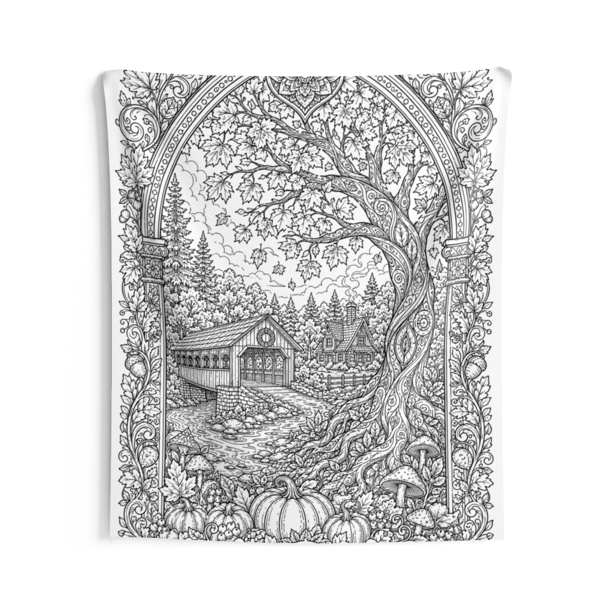 Autumn Covered Bridge Indoor Wall Tapestry kit shown in a lifestyle mockup - 68" × 80"