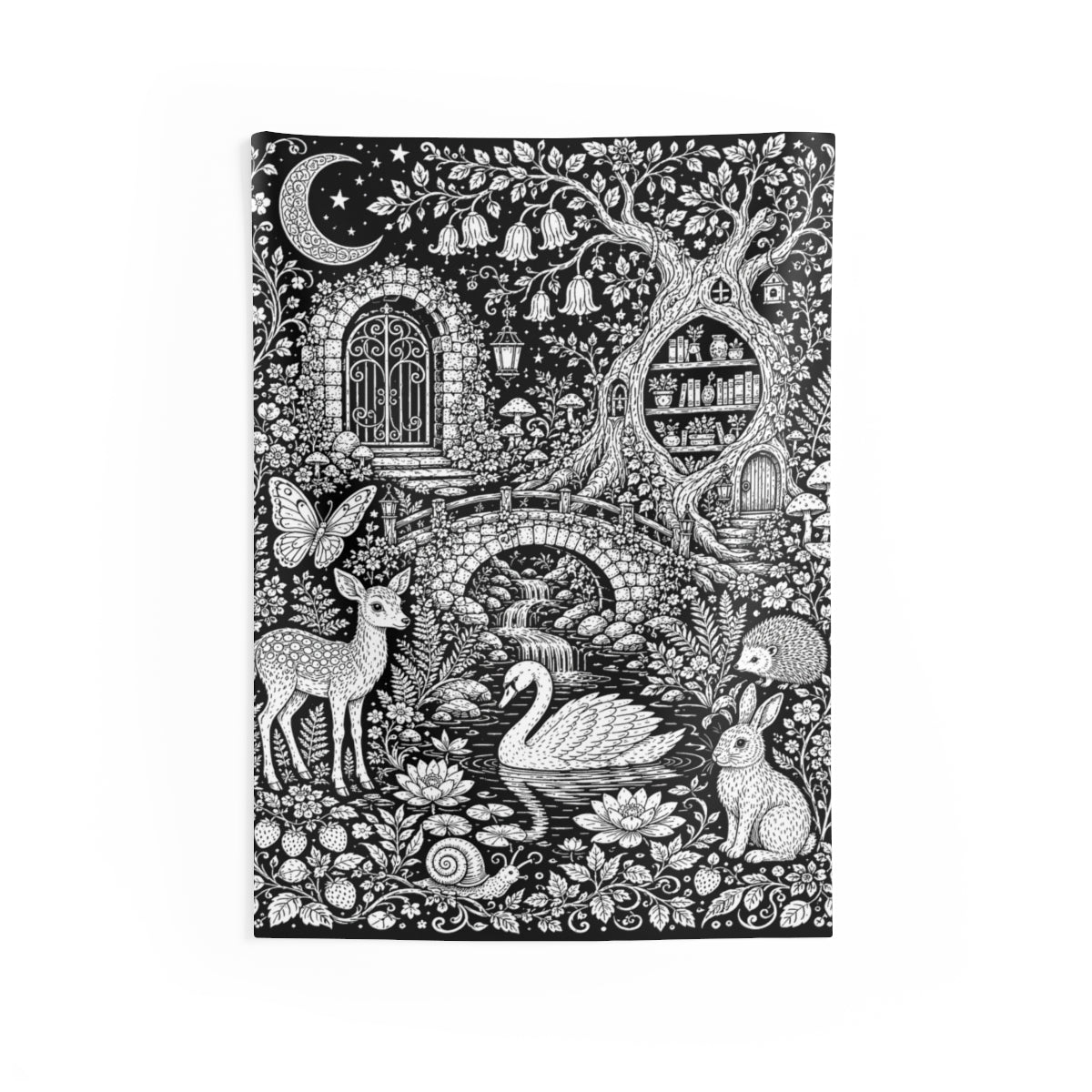 Moonlit Woodland Pond Indoor Wall Tapestry kit shown in a lifestyle mockup - 26" × 36"