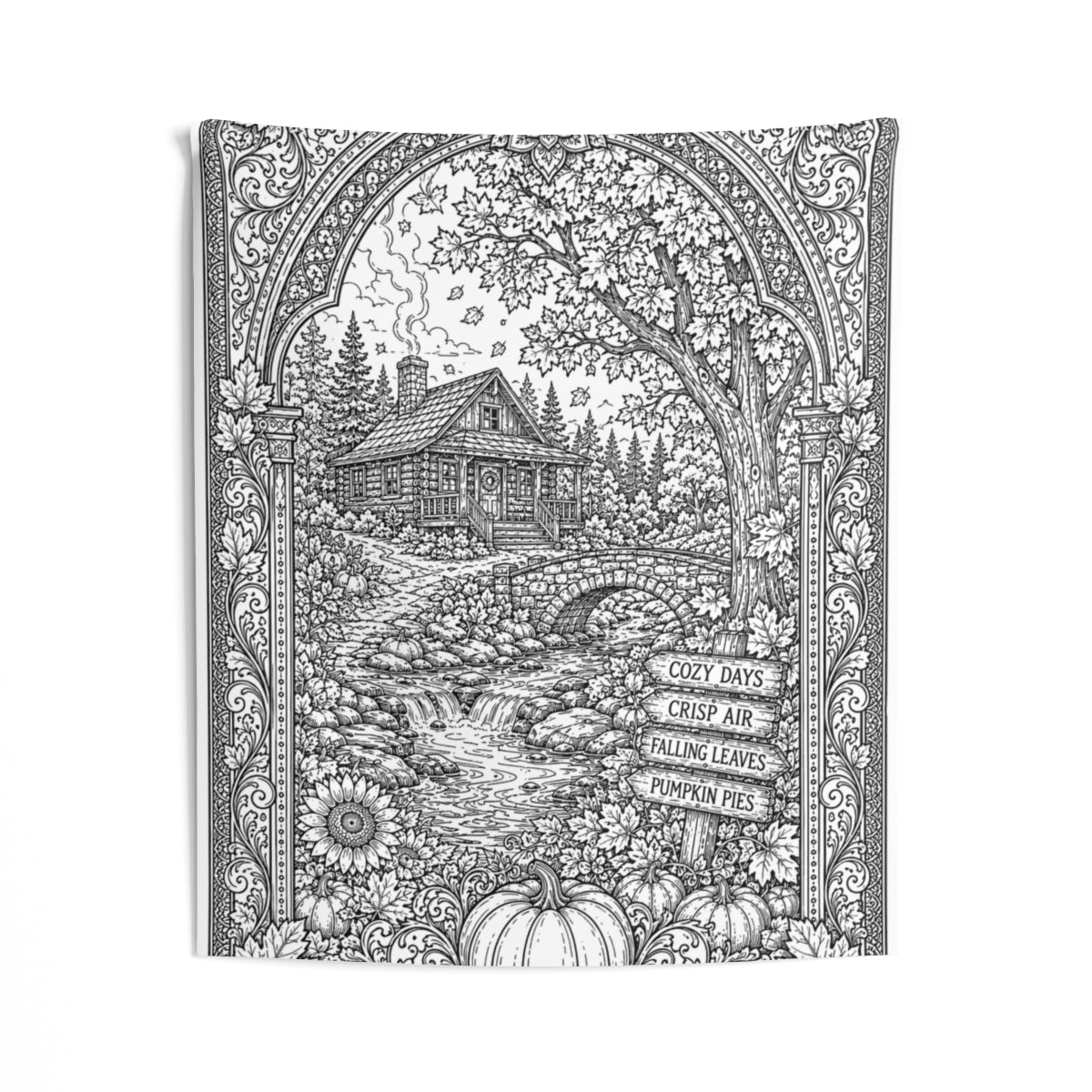 Cozy Autumn Cabin Indoor Wall Tapestry kit shown in a lifestyle mockup - 50" × 60"