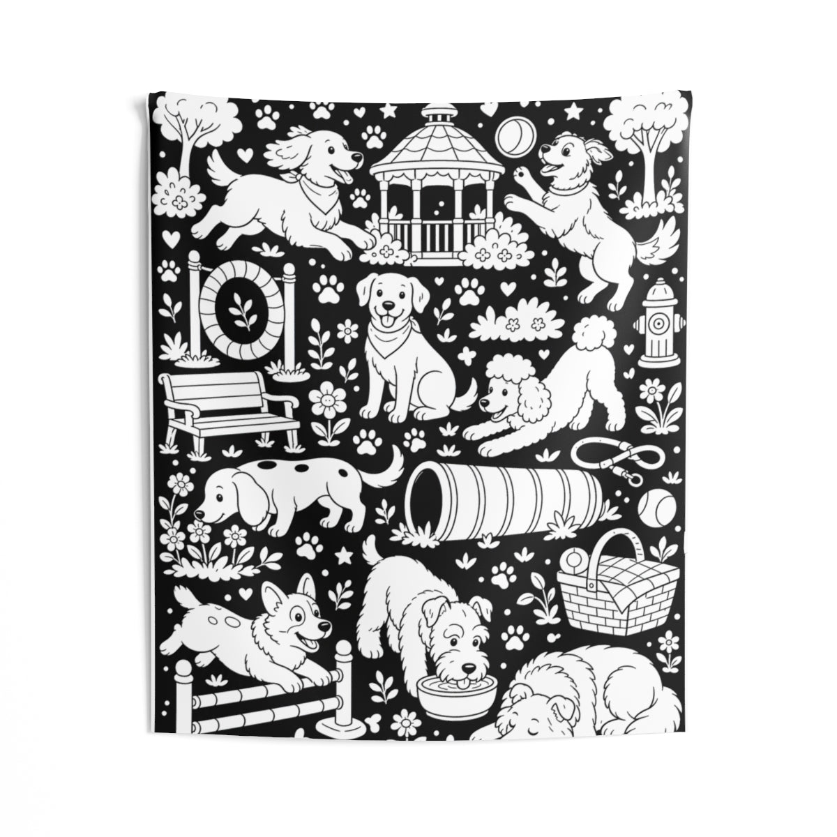 Dog Park Puppies Indoor Wall Tapestry kit shown in a lifestyle mockup - 50" × 60"