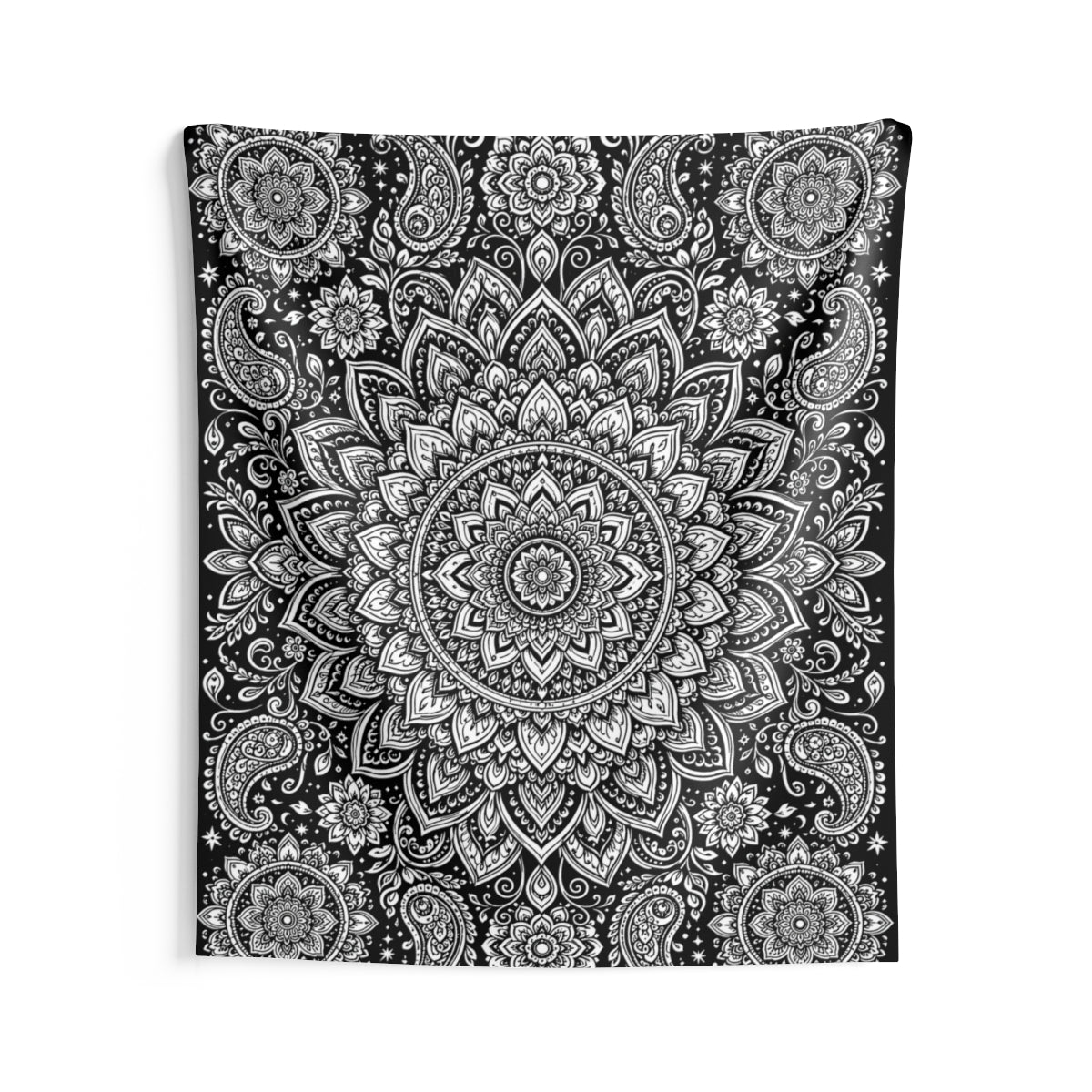 Paisley Flower Mandala Indoor Wall Tapestry kit shown in a lifestyle mockup - 68" × 80"