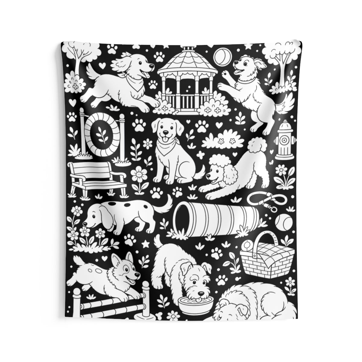 Dog Park Puppies Indoor Wall Tapestry kit shown in a lifestyle mockup - 68" × 80"