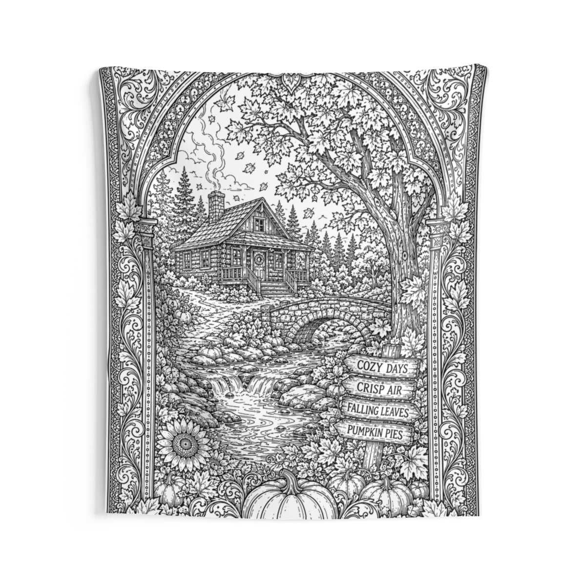 Cozy Autumn Cabin Indoor Wall Tapestry kit shown in a lifestyle mockup - 68" × 80"