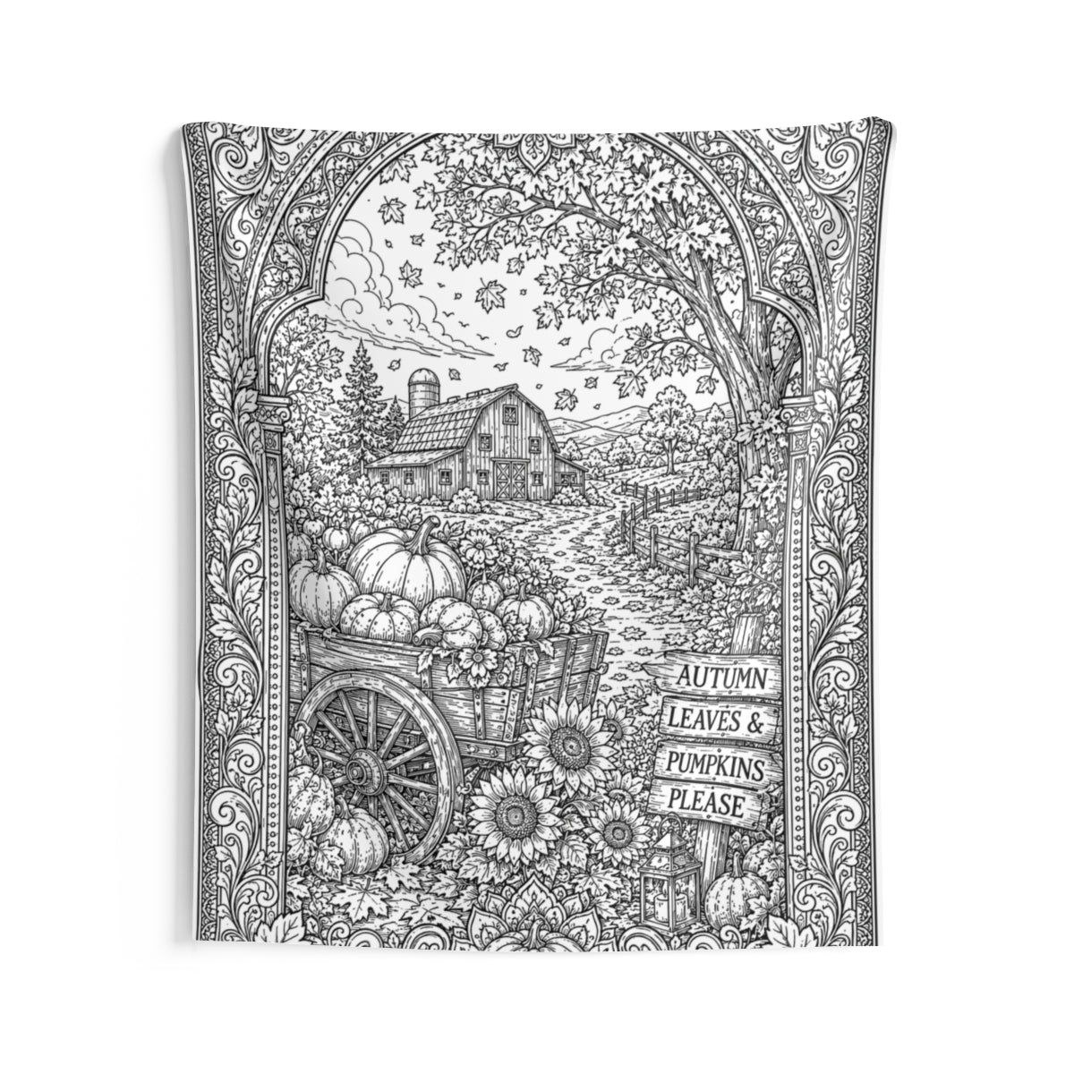 Autumn Harvest Pumpkin Cart Indoor Wall Tapestry kit shown in a lifestyle mockup - 68" × 80"
