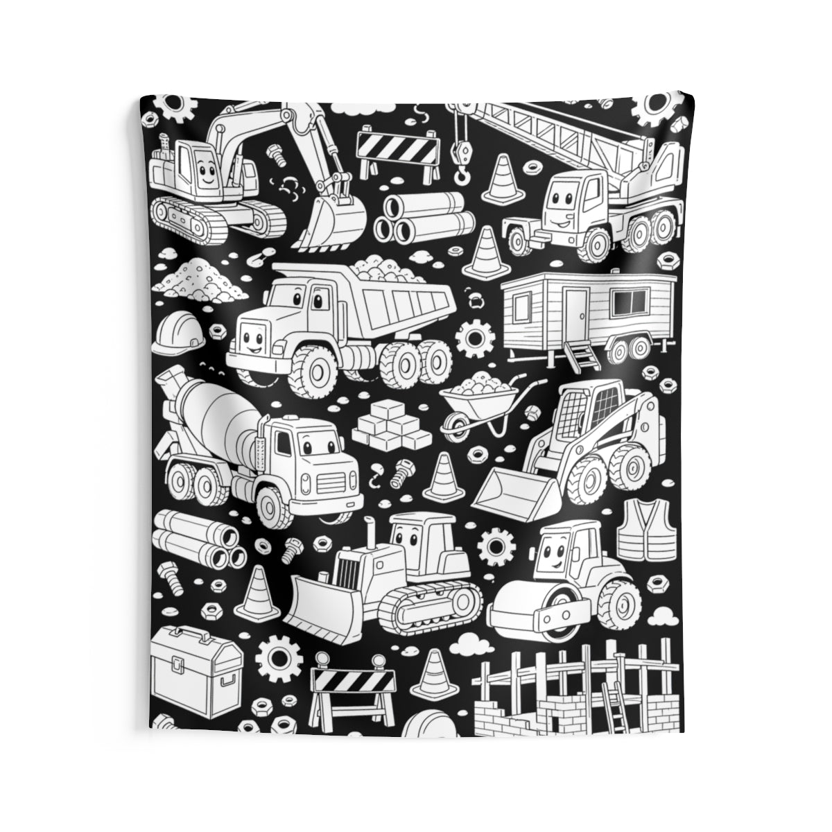 Happy Construction Trucks Indoor Wall Tapestry kit shown in a lifestyle mockup - 68" × 80"