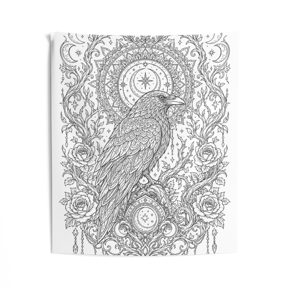 Celestial Raven Moon Garden Indoor Wall Tapestry kit shown in a lifestyle mockup - 50" × 60"