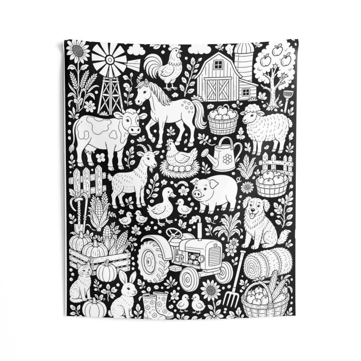 Farmyard Friends Harvest Indoor Wall Tapestry kit shown in a lifestyle mockup - 50" × 60"