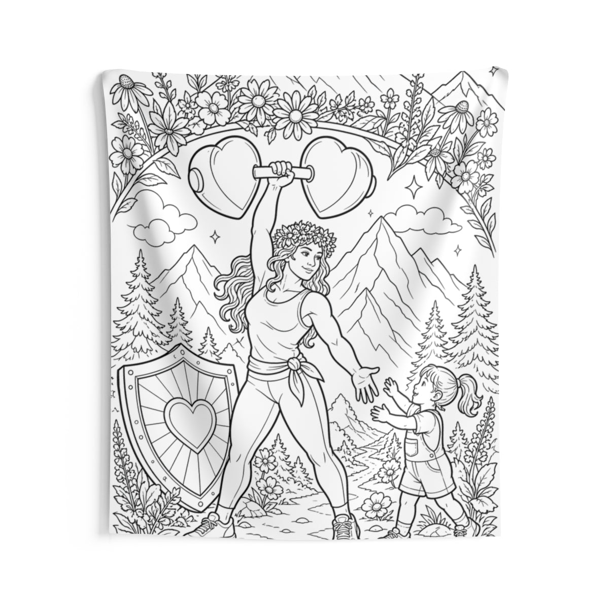 Strong Mom Indoor Wall Tapestry kit shown in a lifestyle mockup - 68" × 80"