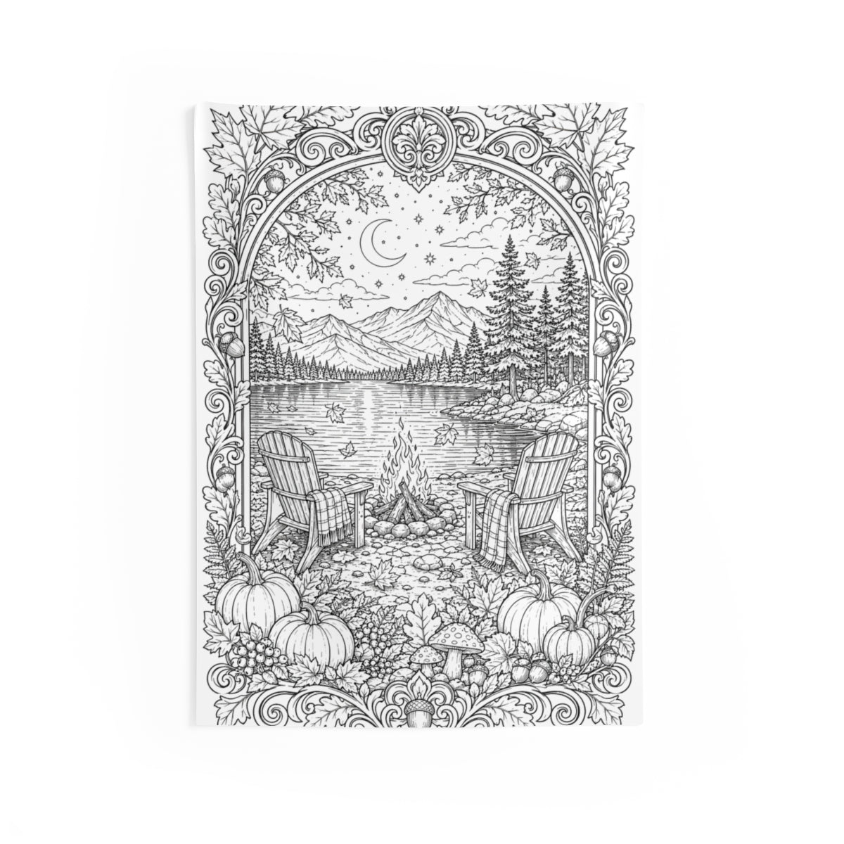 Autumn Lakeside Campfire Indoor Wall Tapestry kit shown in a lifestyle mockup - 26" × 36"