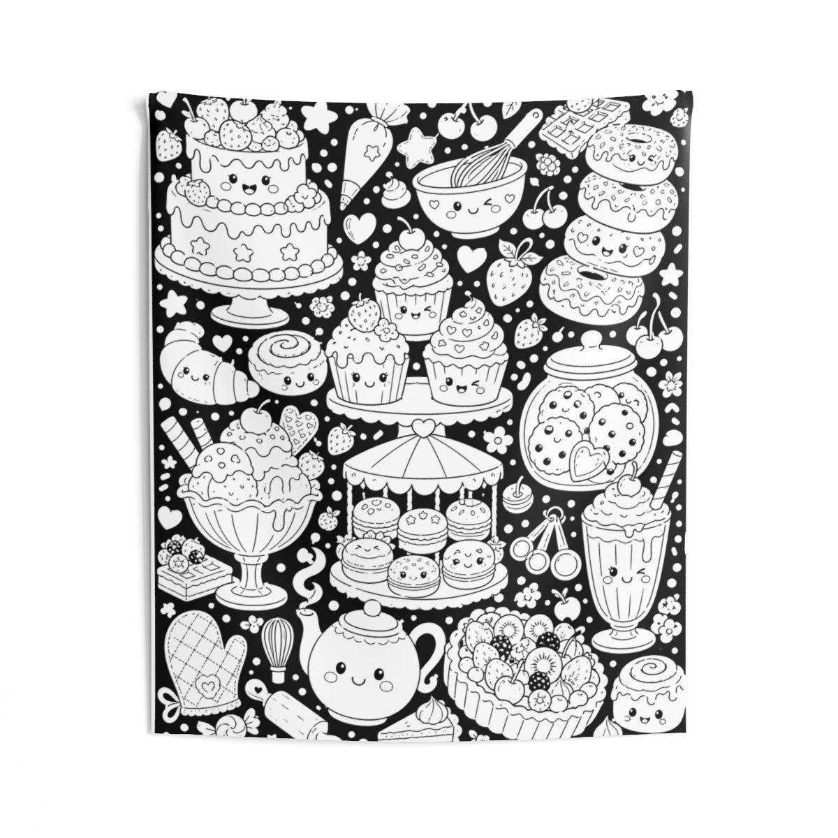 Kawaii Sweet Treats Indoor Wall Tapestry kit shown in a lifestyle mockup - 50" × 60"
