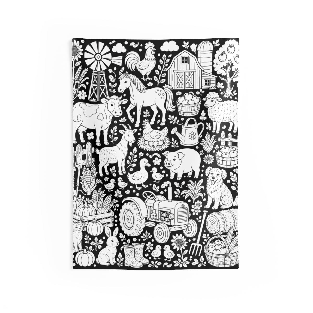 Farmyard Friends Harvest Indoor Wall Tapestry kit shown in a lifestyle mockup - 26" × 36"