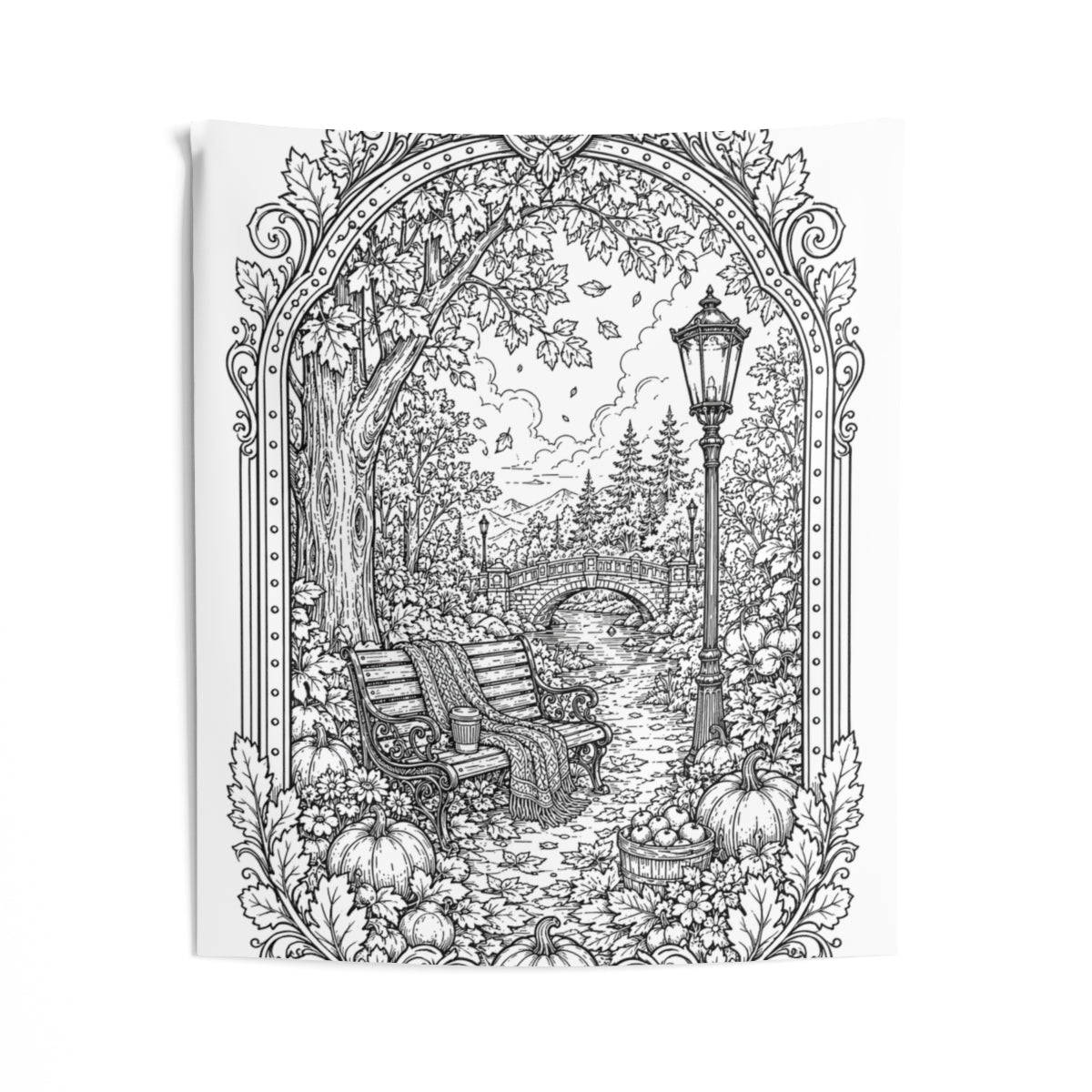 Autumn Park Bench Indoor Wall Tapestry kit shown in a lifestyle mockup - 50" × 60"