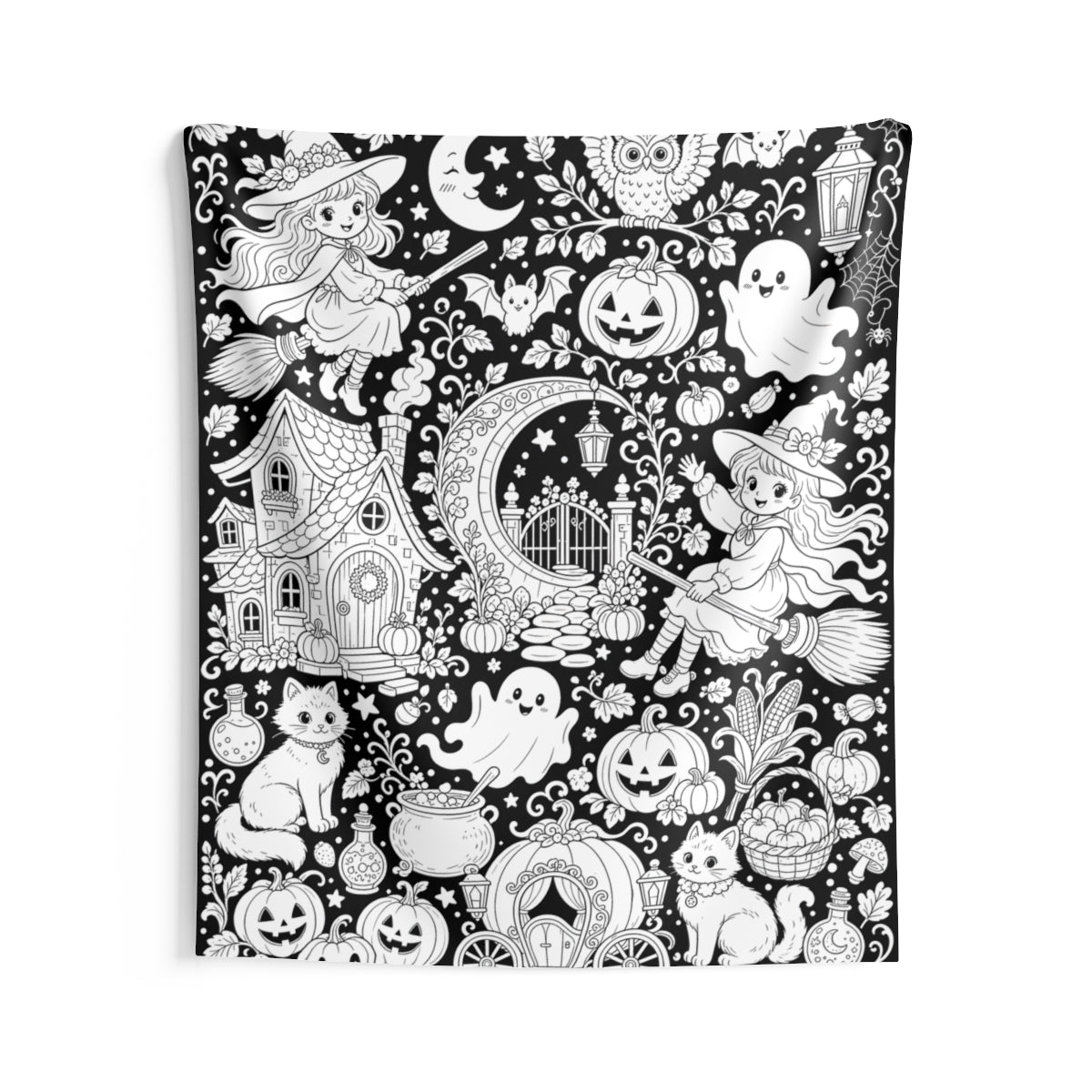 Halloween Witch Magic Indoor Wall Tapestry kit shown in a lifestyle mockup - 68" × 80"