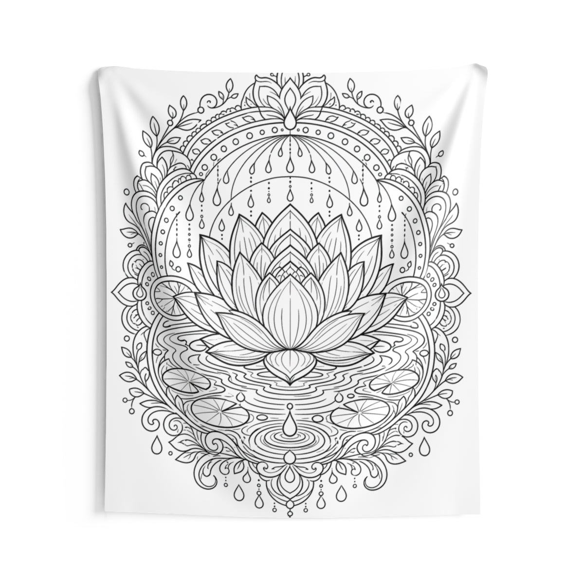 Zen Lotus Rain Mandala Indoor Wall Tapestry kit shown in a lifestyle mockup - 68" × 80"