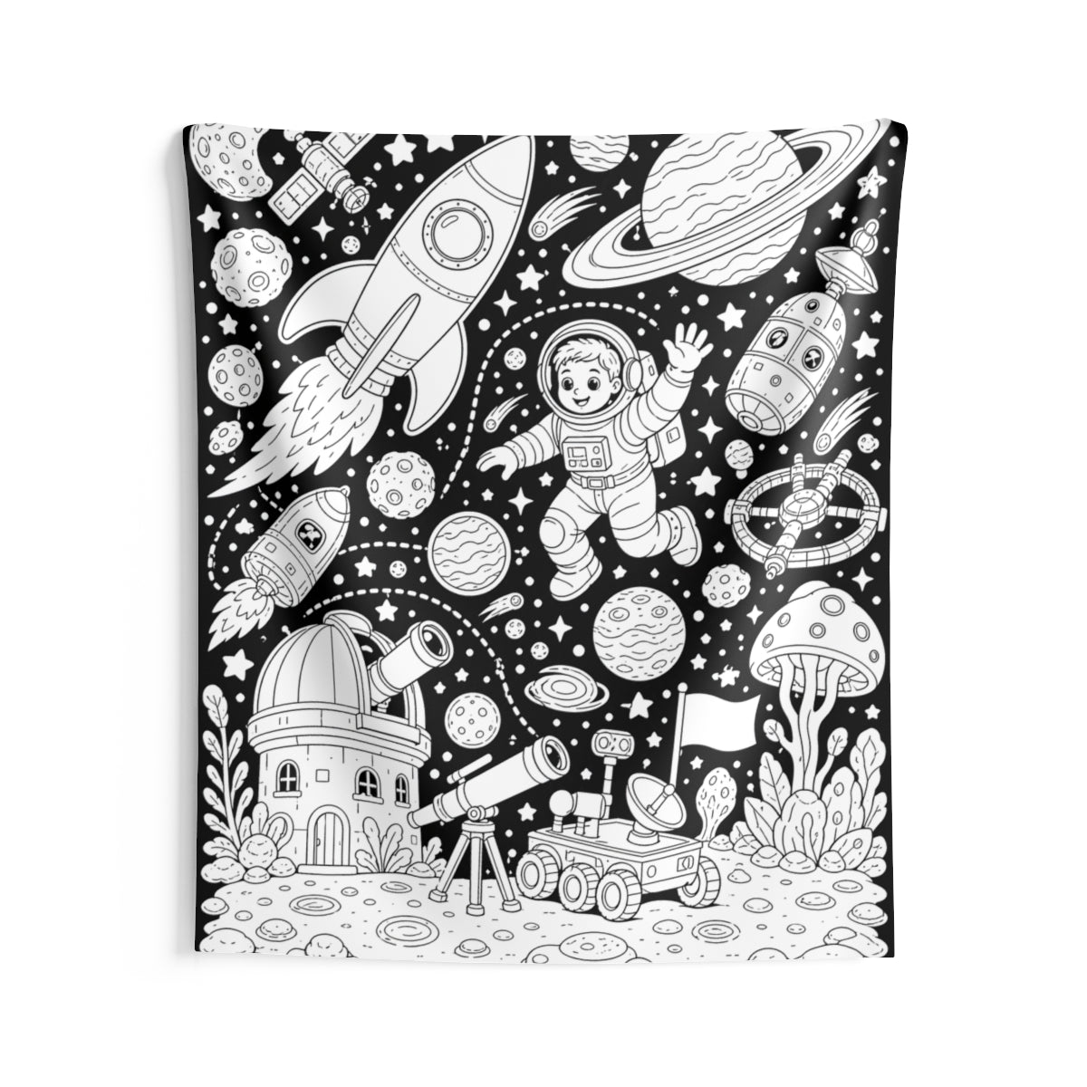 Kids Space Adventure Indoor Wall Tapestry kit shown in a lifestyle mockup - 68" × 80"