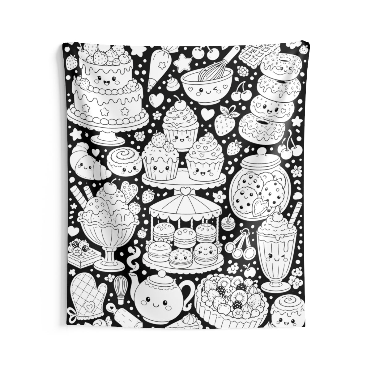 Kawaii Sweet Treats Indoor Wall Tapestry kit shown in a lifestyle mockup - 68" × 80"