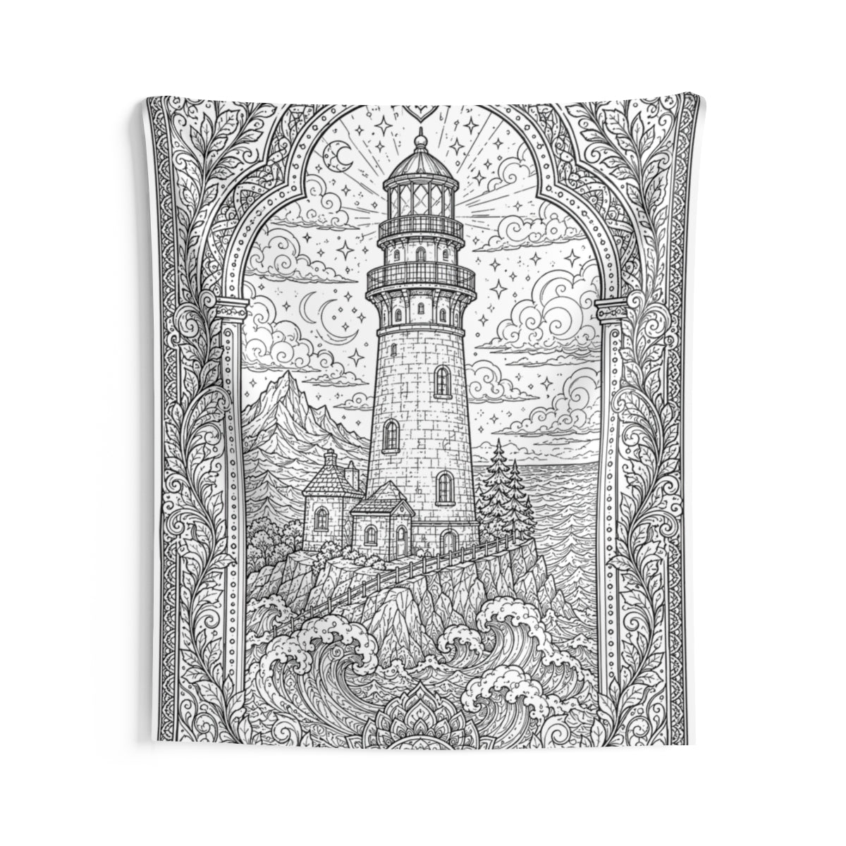 Moonlit Lighthouse By the Sea Indoor Wall Tapestry kit shown in a lifestyle mockup - 68" × 80"