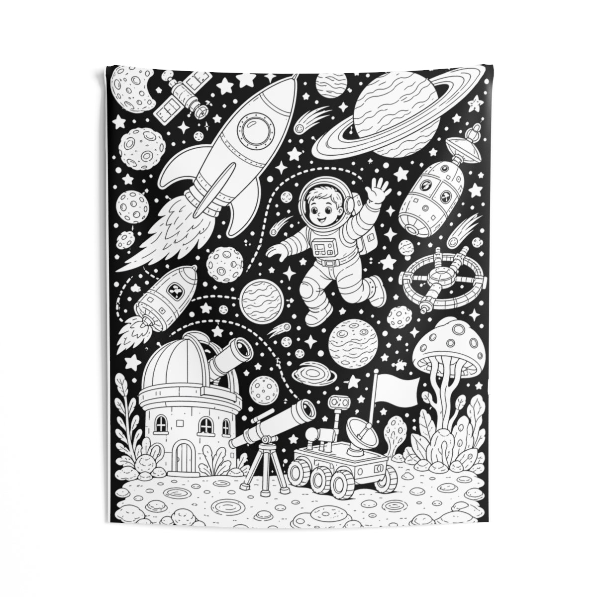 Kids Space Adventure Indoor Wall Tapestry kit shown in a lifestyle mockup - 50" × 60"