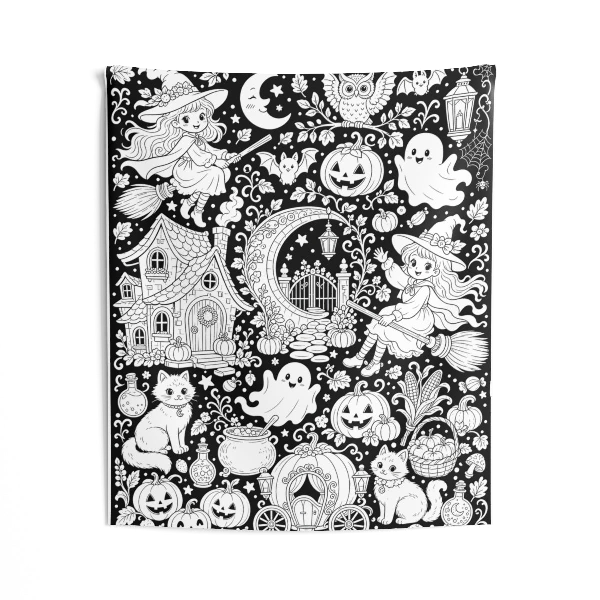Halloween Witch Magic Indoor Wall Tapestry kit shown in a lifestyle mockup - 50" × 60"