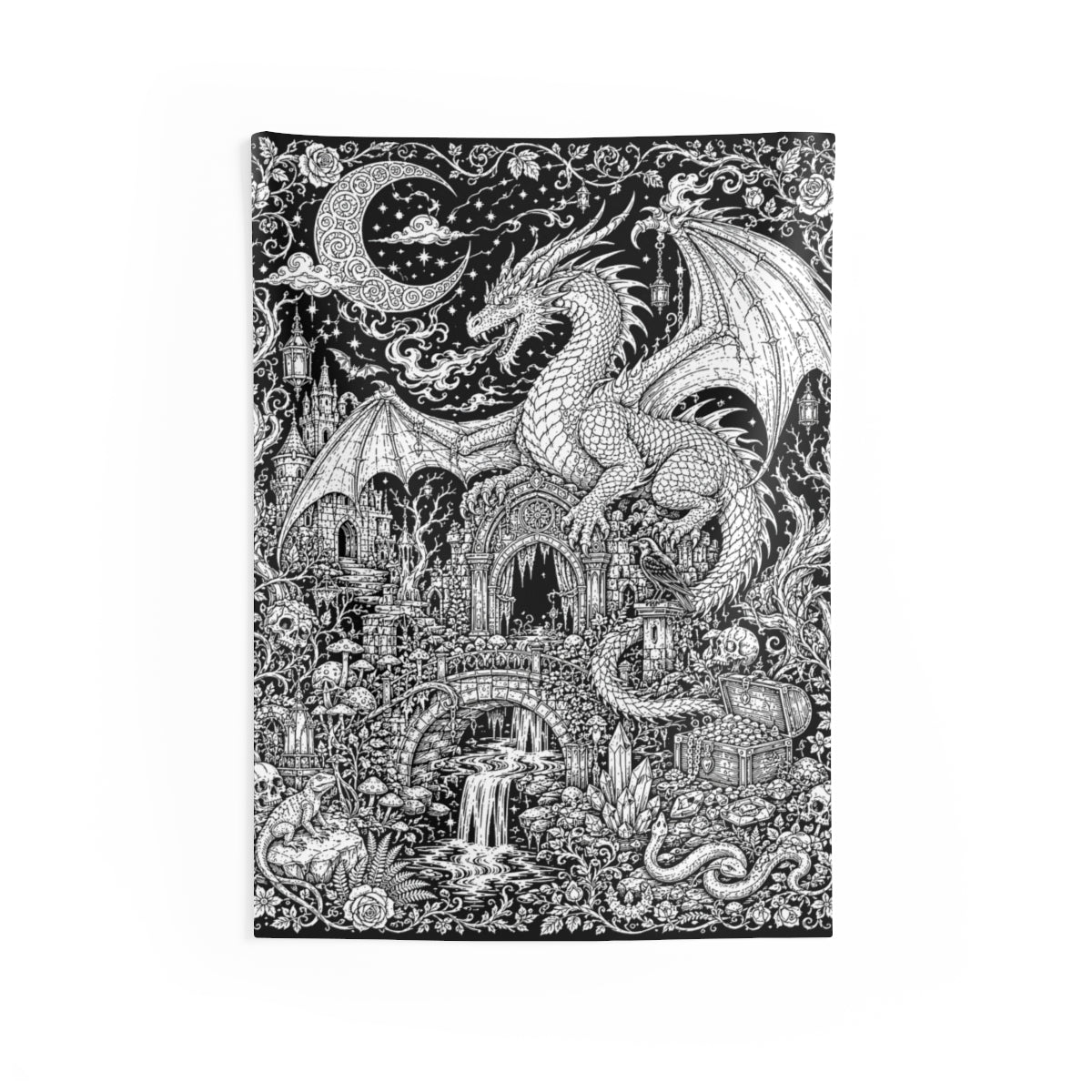 Dragon Castle Treasure Indoor Wall Tapestry kit shown in a lifestyle mockup - 26" × 36"