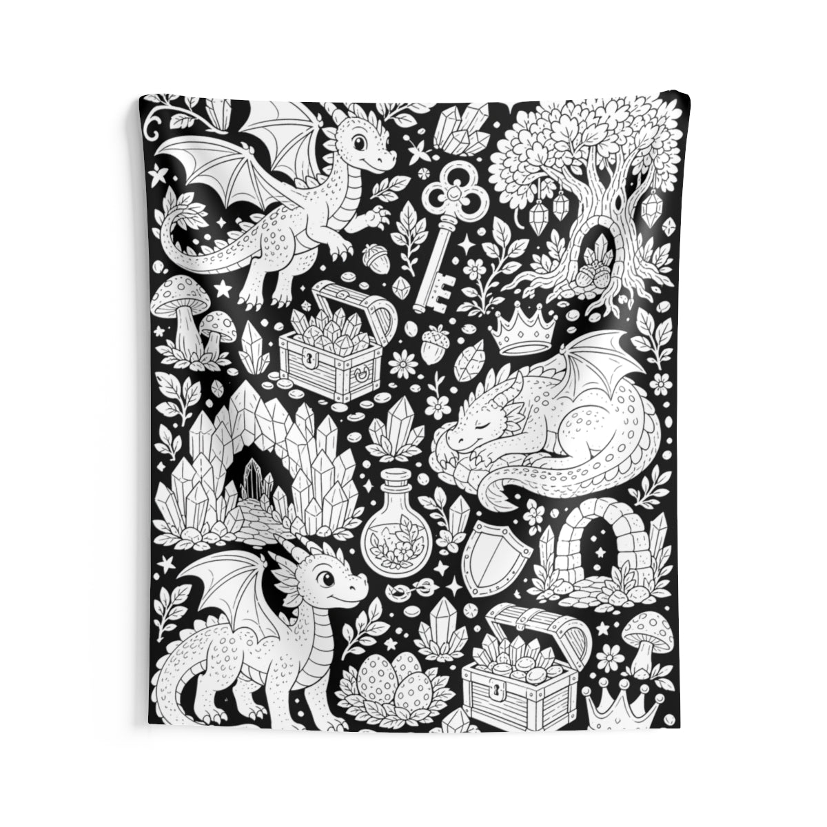 Baby Dragon Treasure Grove Indoor Wall Tapestry kit shown in a lifestyle mockup - 68" × 80"